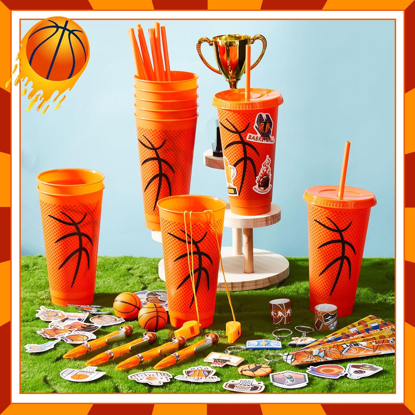 Hollowfly 122 Pcs Basketball Party Favors Set Basketball Goodie Bags Stuffers Includes Cups with Straw Mini Stress Ball Keychains Slap Bracelets Whistles Stickers Pens for Birthday Party Supplies