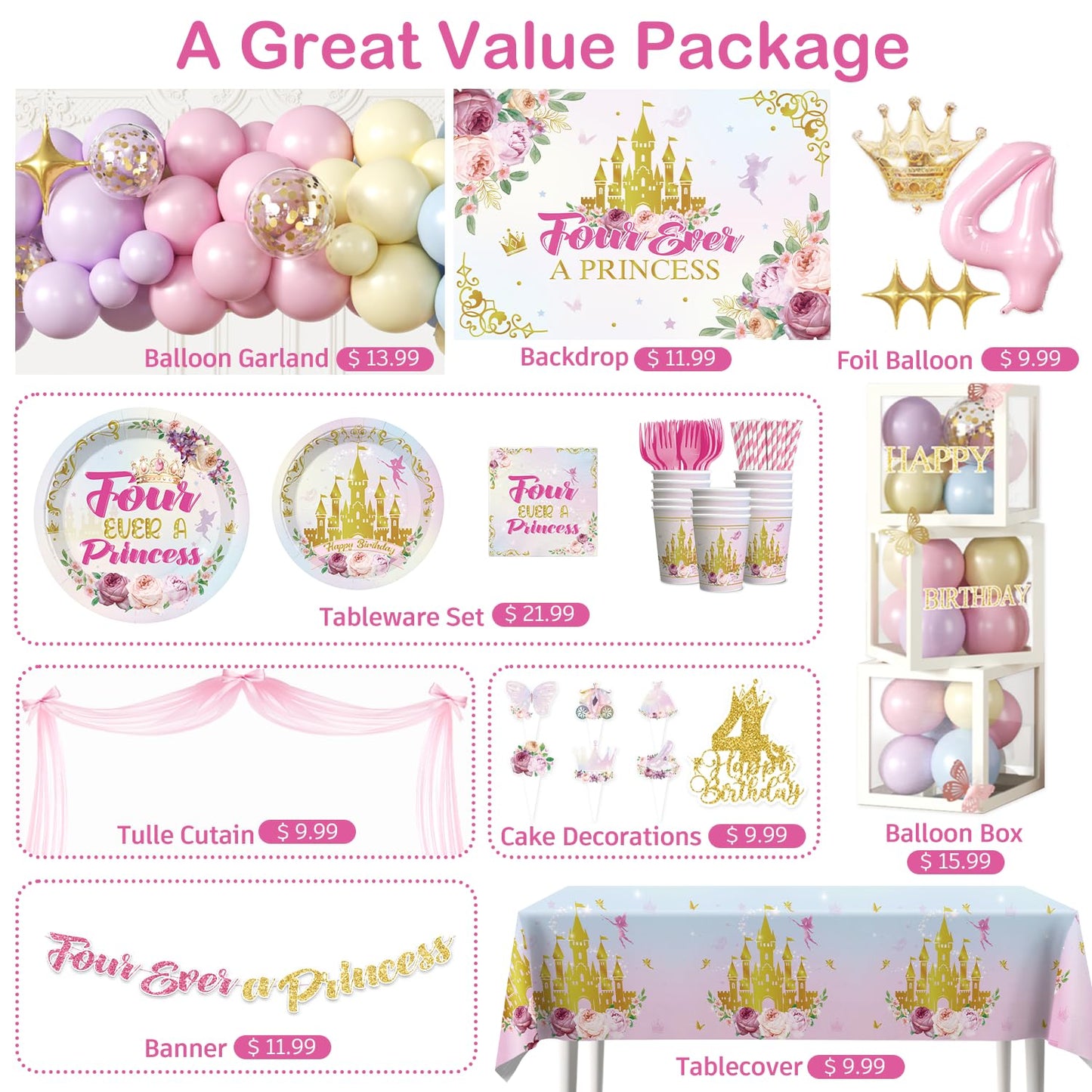 293 Pcs Four Ever a Princess Birthday Decorations, Princess Party Decorations Set Serves 25 - Banner, Balloon Arch Kit, Tableware, Cake Toppers, Backdrop for 4th birthday decorations girl