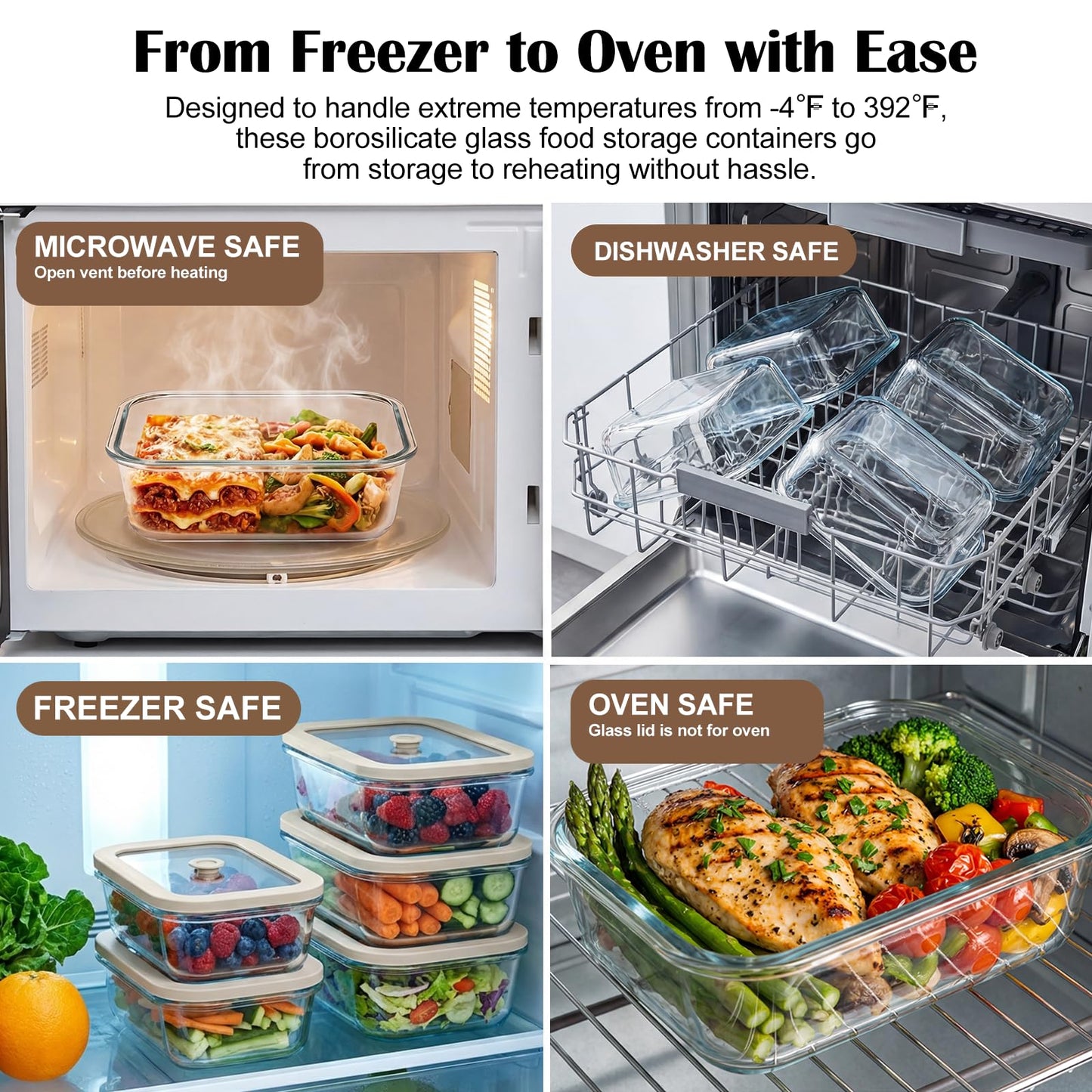 Encheng 5 Pack 35 oz Glass Meal Prep Containers, Plastic-Free Glass Food Storage Containers with Lids, 4.4 Cups Airtight Glass Lunch Containers for Leftovers, Microwave, Oven, Freezer and Dishwasher