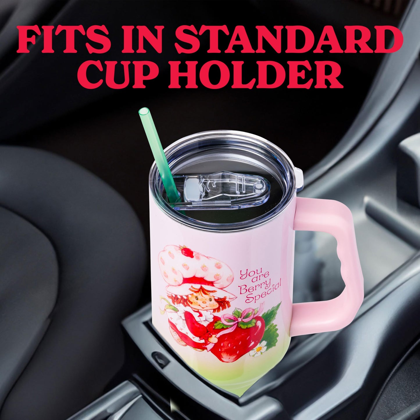 Silver Buffalo Strawberry Shortcake You Are Berry Special Vintage Pink and Green Ombre Double Walled Stainless Steel Tumbler with Handle and Straw, Fits in Standard Cup Holder, 40 Ounces