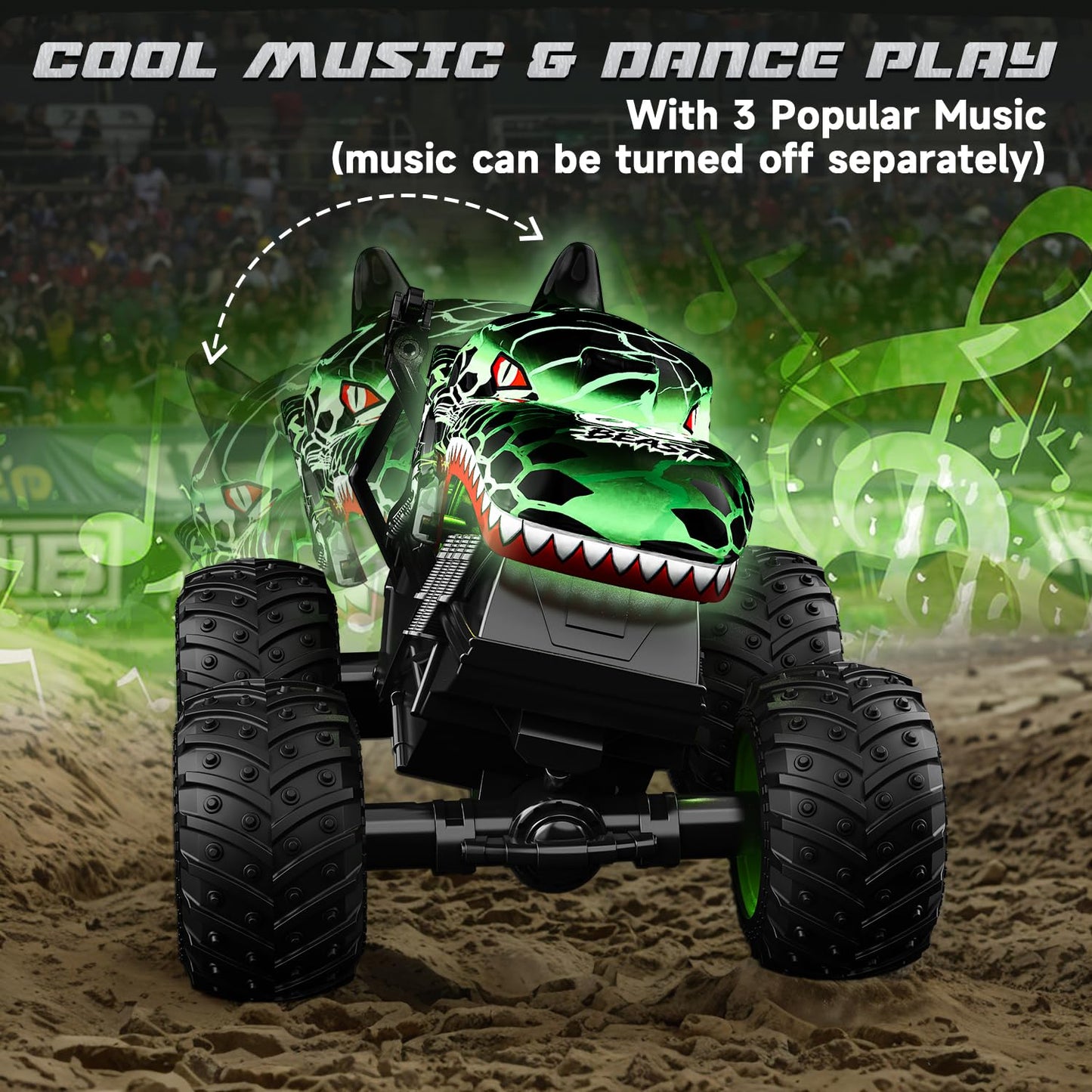Gohero Monster Truck Toys for Kids, 1:20 Dinosaur Toys RC Car Truck with 360° Spins & Drifting, 2.4GHz All-Terrain Monster Trucks for Boys Age 4-7 | with LED Light, Music & 2 Rechargeable Batteries.