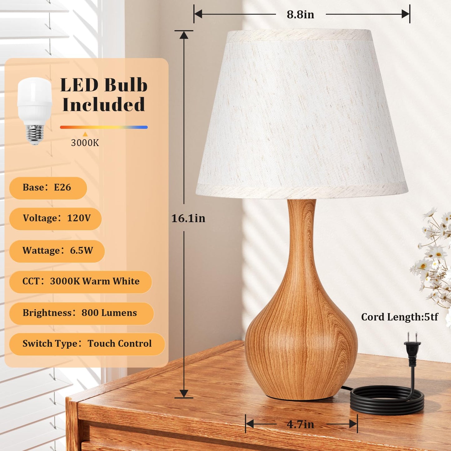 Seealle Touch Table Lamp for Bedroom, 3-Way Dimmable Small Bedside Lamps for Night Stands with Wires, Wood Desk Lamp for Kids Room, Office, Living Room, End Table(LED Bulb Included)