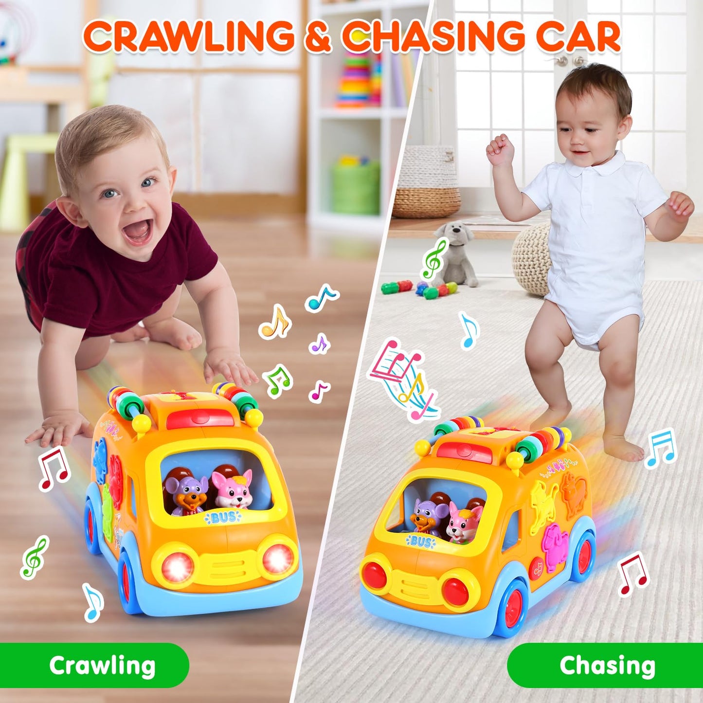 Toy Cars for 1 Year Old Boys Baby Toys 12-18 Months Musical Learning Toys for Toddlers 1-3 Educational Bus with Animal Blocks Birthday Gift