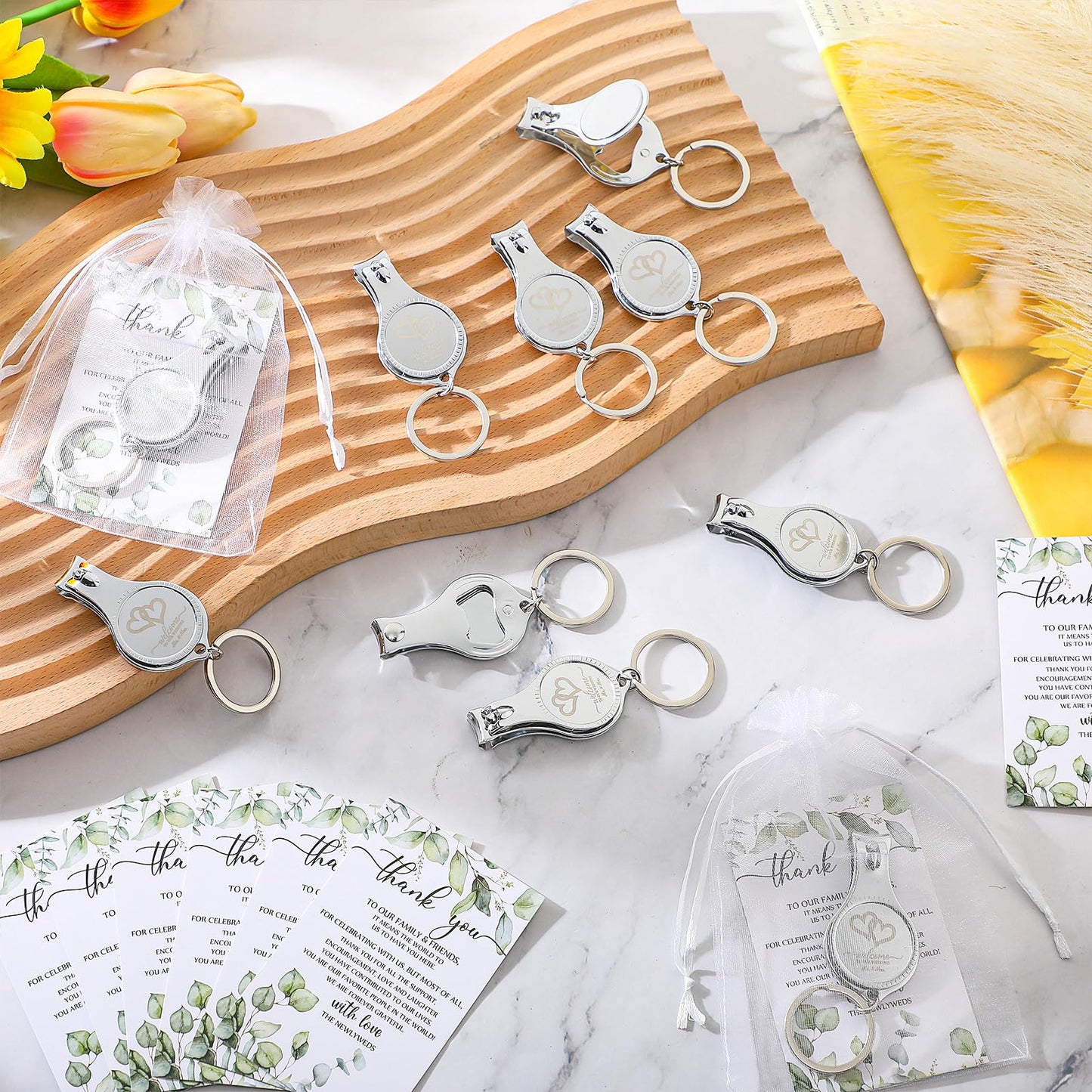Fulmoon Wedding Multi Function Bottle Opener Nail Clipper Wedding Favors Brewery Cards White Organza Bags for Party Supplies Gift Souvenir Guests Men Women(100 Sets)
