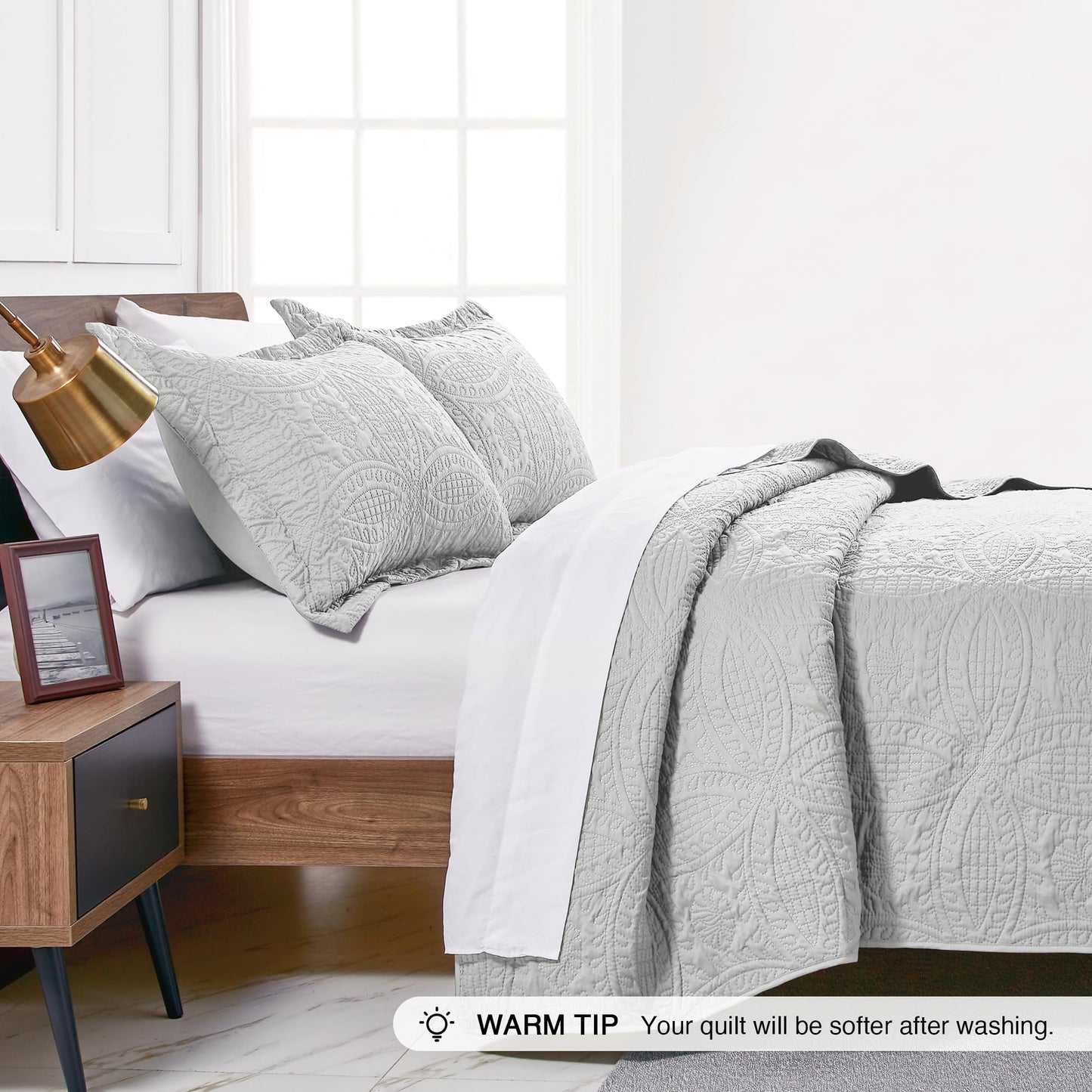 Love's cabin Quilts for Queen Bed Light Grey Bedspreads Bedding Set - Summer Lightweight Bedspread Comforter - Coin Pattern Bedding Coverlet for All Season - 3 Pieces (1 Quilt, 2 Pillow Shams)
