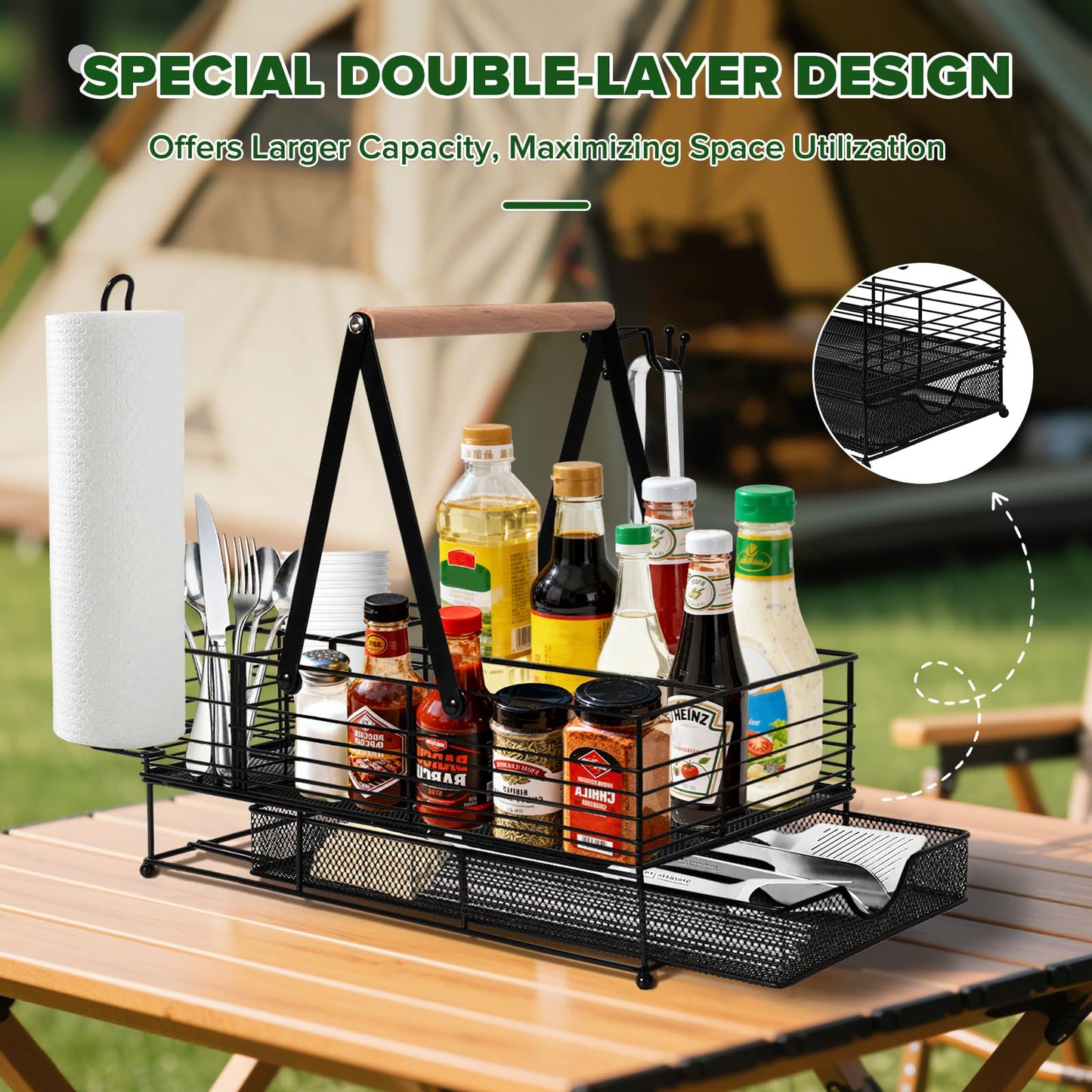 RACOBOT Grill Caddy, BBQ Caddy with Paper Towel Holder, Blackstone Griddle Organizer, Plate and Utensil Holder Organizer for Outdoor Grill, Picnic, Camping, Condiment Storage for Kitchen Counter