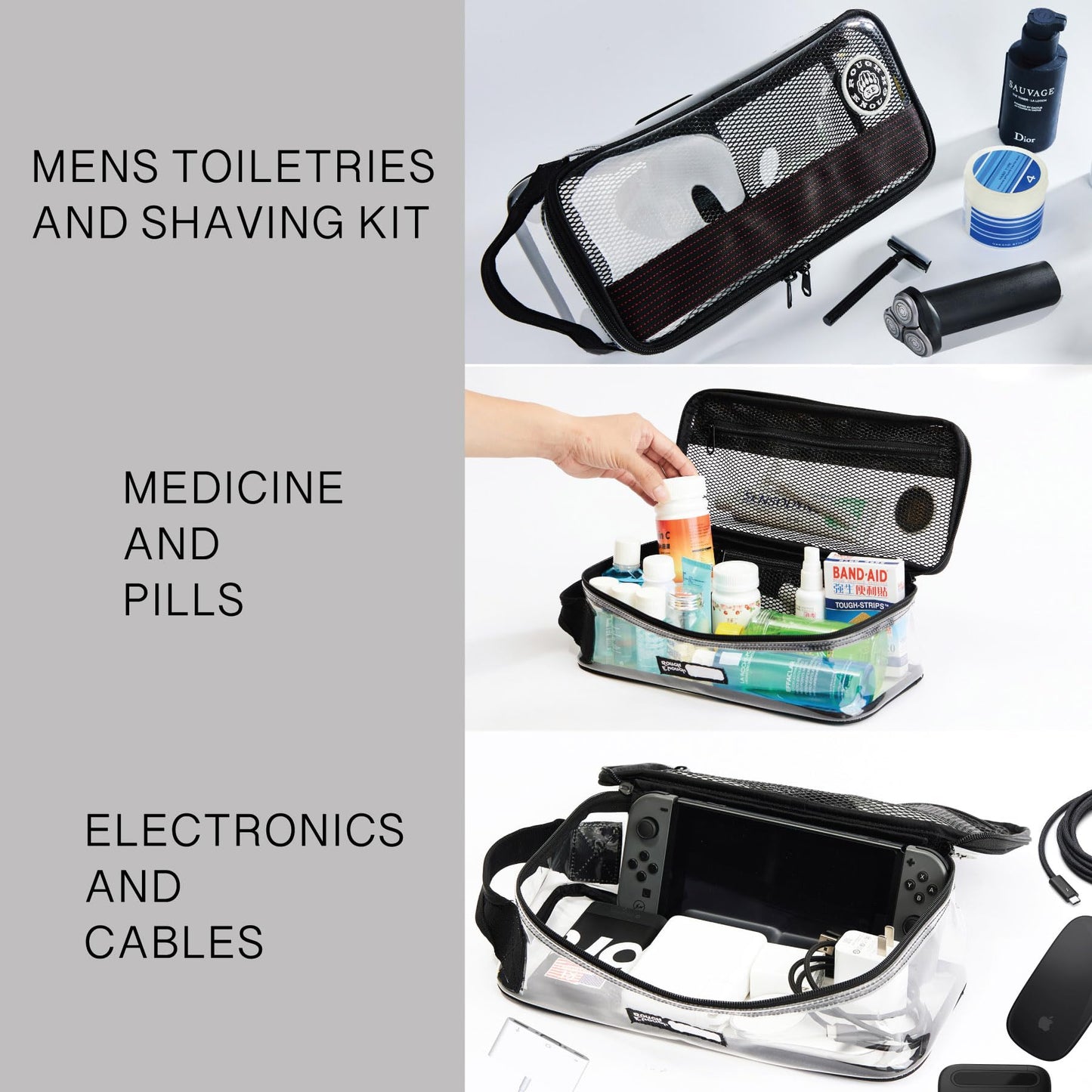 Rough Enough Clear Toiletry Bag for Traveling Men Shaving Kit Medicine Case Pouch Organizer Large for Toiletries Accessories