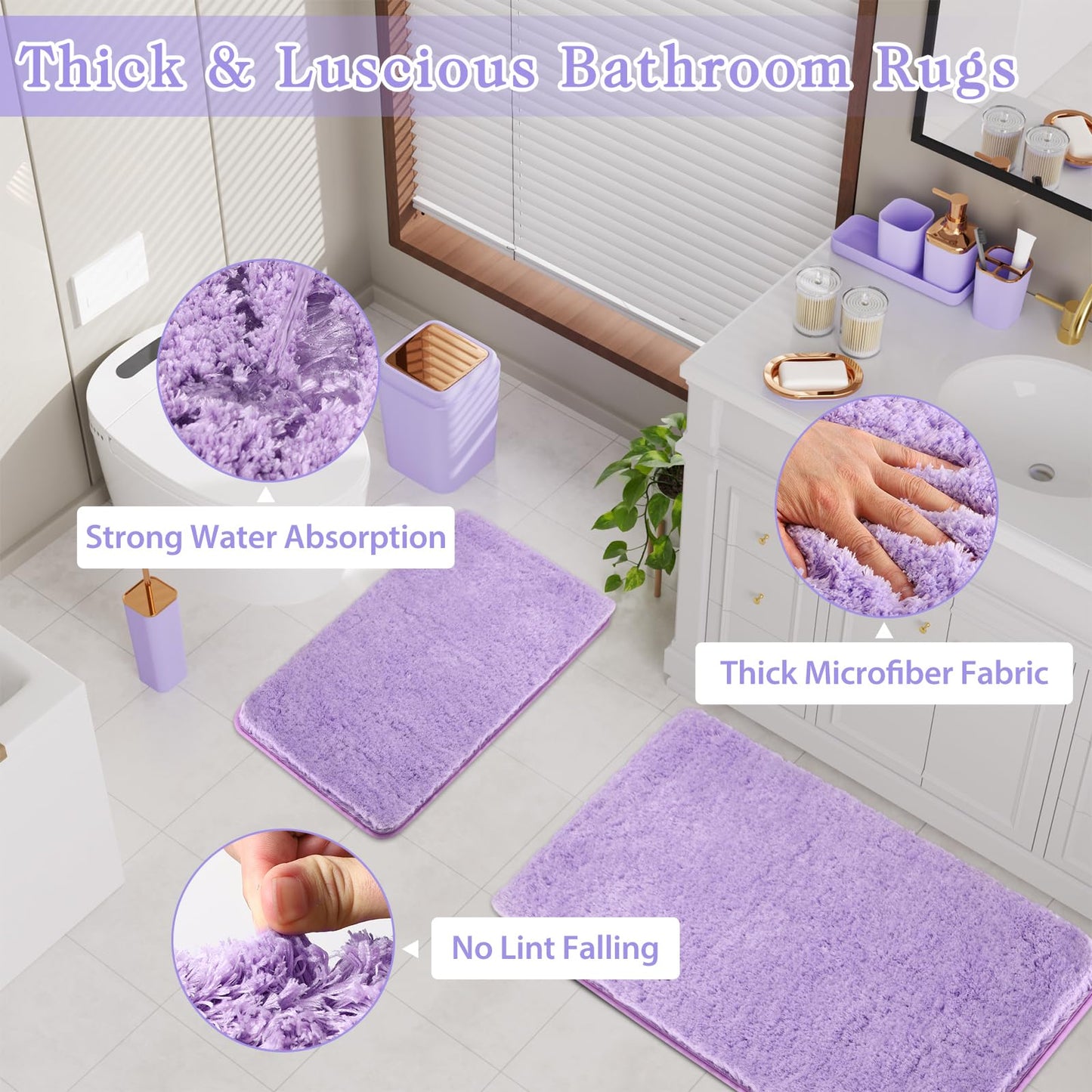 XLHOMO Bathroom Accessory Set–Bathroom Sets with Shower Curtain and Rugs, Non Slip Bathroom Rugs Super Absorbent, Light Purple Ombre Shower Curtain with Hooks, Lavender Bathroom Sets Complete for Home
