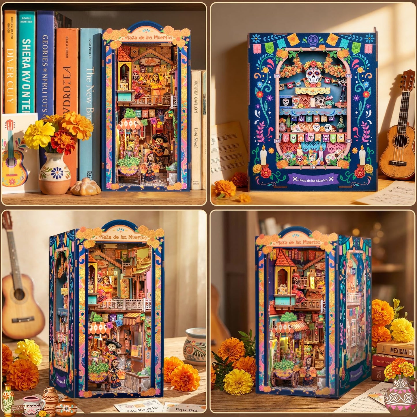 CUTEBEE Book Nook Kit - DIY Miniature House for Adults, 3D Wooden Puzzle Bookshelf Insert Decor, Day of the Dead Booknook, Mexican Folklore LED Miniature Kit, Unique Gifts (Plaza de los Muertos)