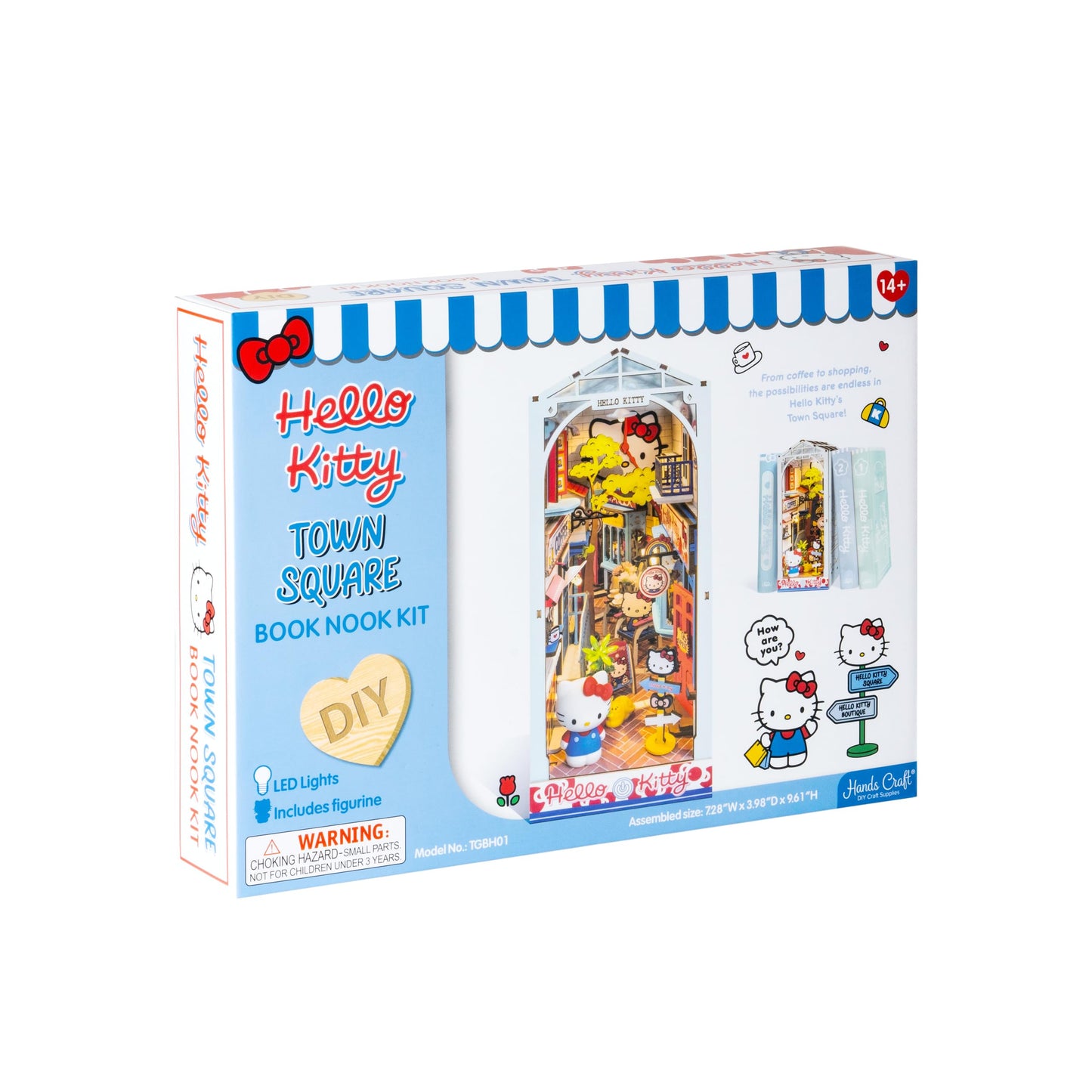 Hands Craft DIY Miniature Kit Book Nook - Hello Kitty Town Square | Whimsical Miniature Scene | Intricate Design, Adorable Charm | LED Lights | Bookshelf Decor | Gift for Hello Kitty Fans