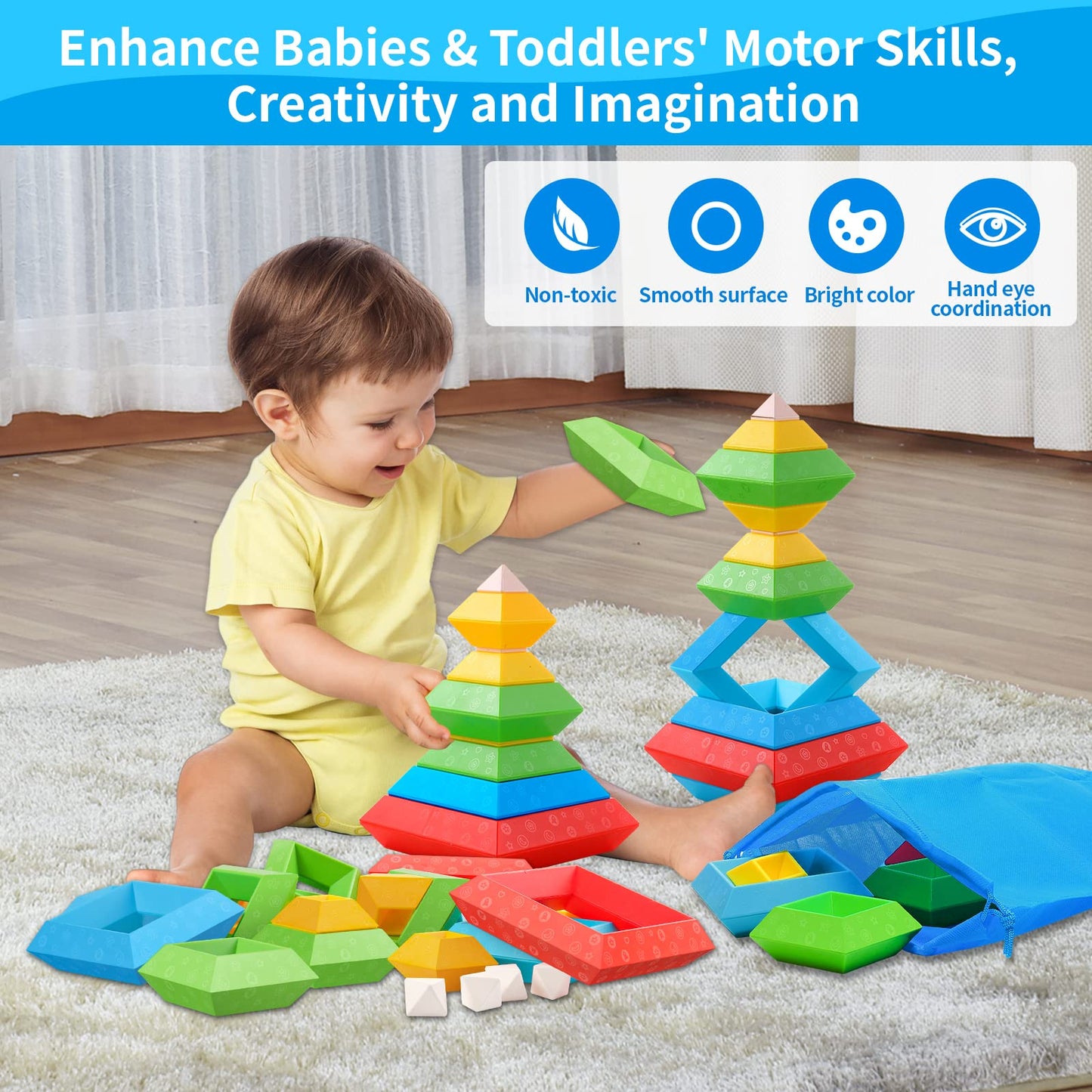Montessori Toys for 1 2 3 4 5 Year Old Boys Girls Toddlers Preschool Learning Activities 30Pcs Building Blocks Stacking Educational Toys STEM Sensory Toys Gifts for Kids Age 1-2 2-4