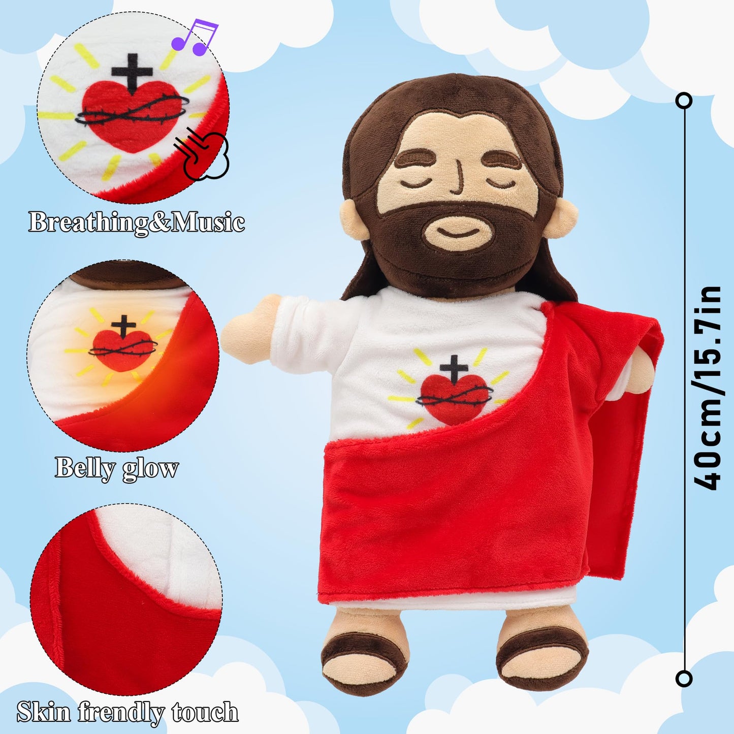 Yelakey Officially Jesus Plush Breathing Soothing Stuffed Animal Heart of Jesus Toy Savior Doll for Church Sunday School Religious Easter Gift (Brown)