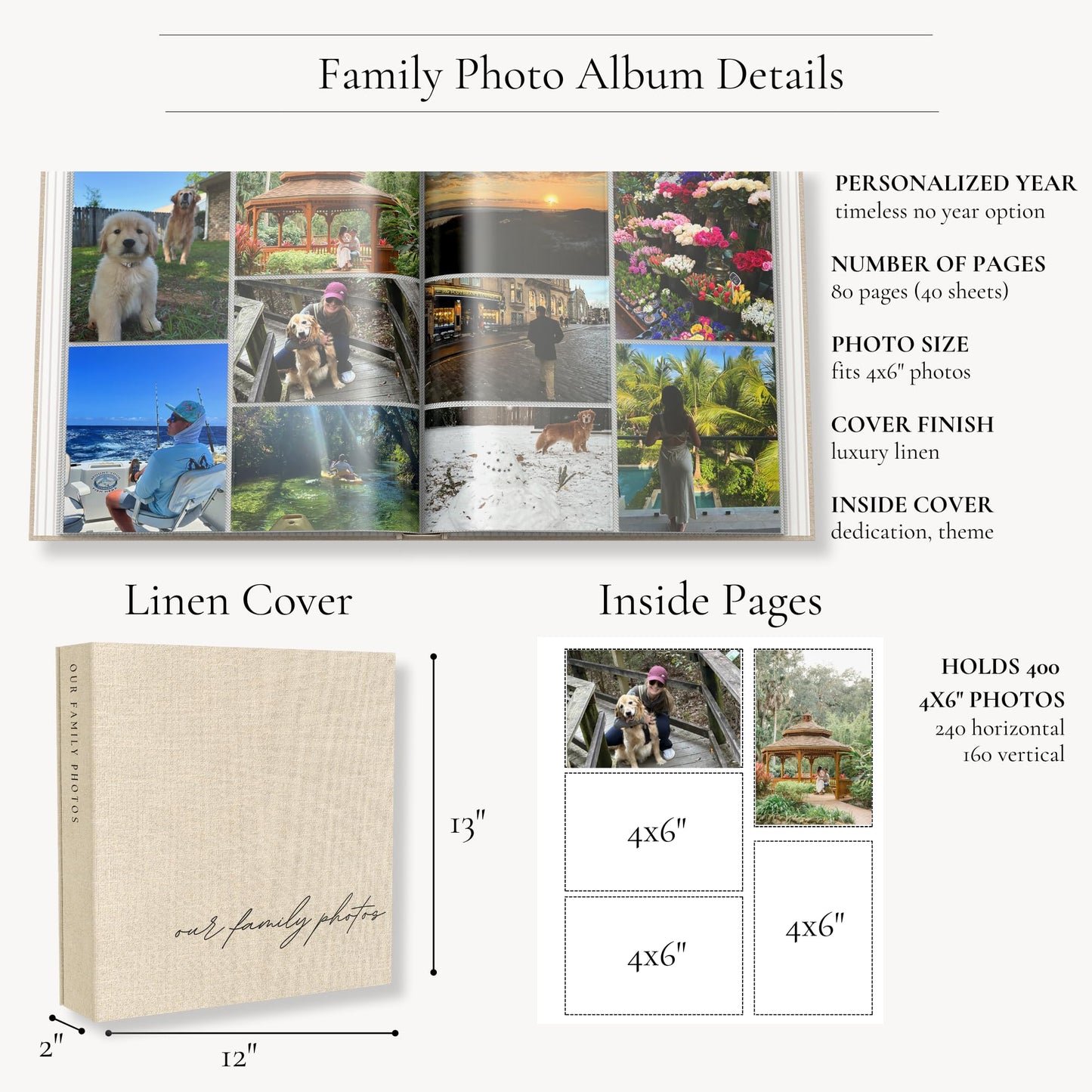 Family Photo Album 4x6 Pictures - Large Linen Picture Book 400 Horizontal & Vertical Pockets - Personalized Scrapbook Memory Book For Baby, Kids, Vacation, Couples, Anniversary