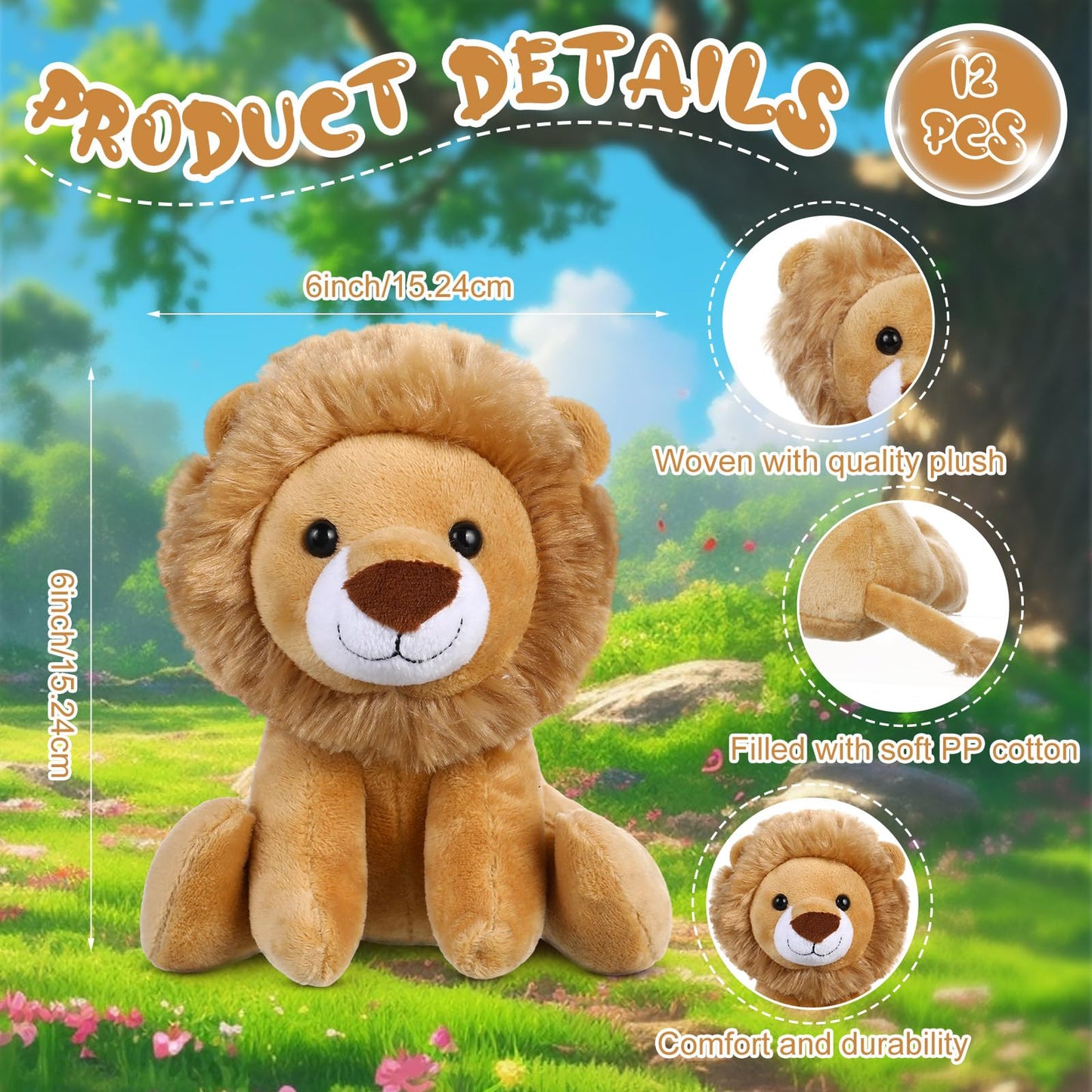 VercanMonth 12 Pieces Lion Plush Set 6 Inches Cuddly Lion Stuffed Animal Soft Cuddly Plushie for Boys Girls Birthday Favors Gifts Forest Party Decor
