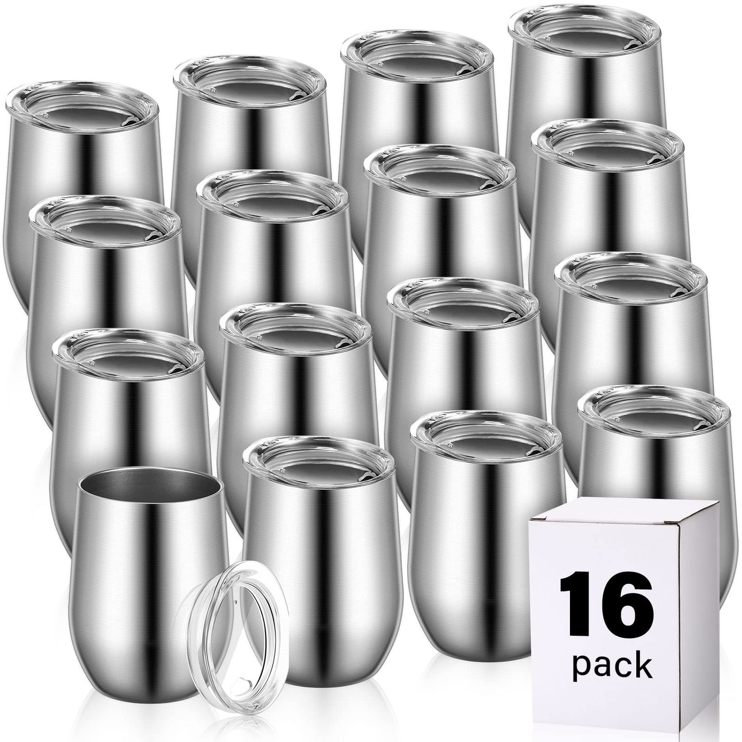 Remagr 16 Pack Stainless Steel Wine Tumblers 12 oz Insulated Vacuum Wine Cup Set Double Wall Stainless Steel Stemless Mug Glasses for Coffee Soda Whiskey Outdoor Travel (Silver)