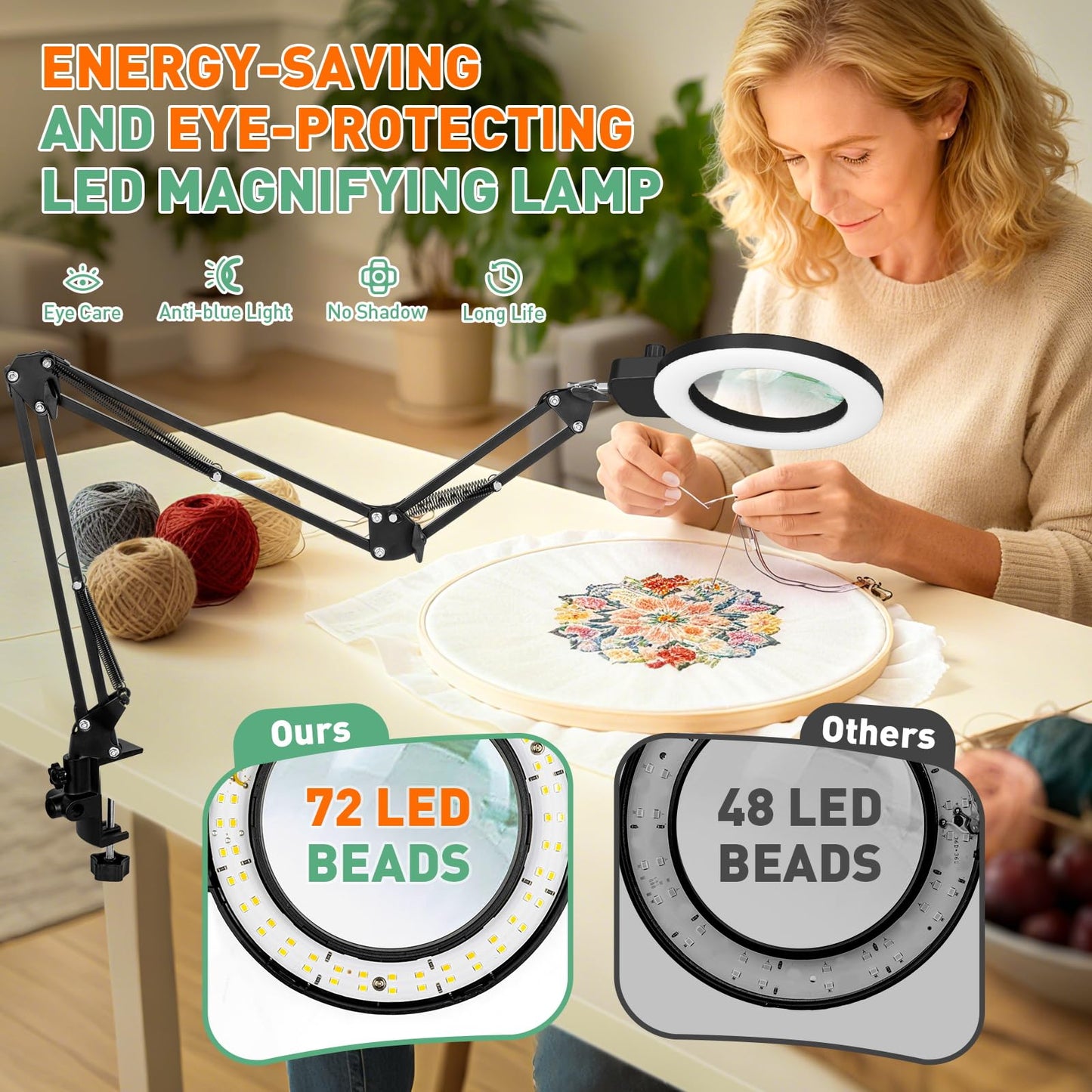 KMDES 12X Magnifying Glass with Light and Stand, Extended Long Arm Magnifying Lamp for Close Work, Craft, Sewing, Workbench, Repair, Knob Lighted Magnifier Desk Light Adjustable Color and Brightness