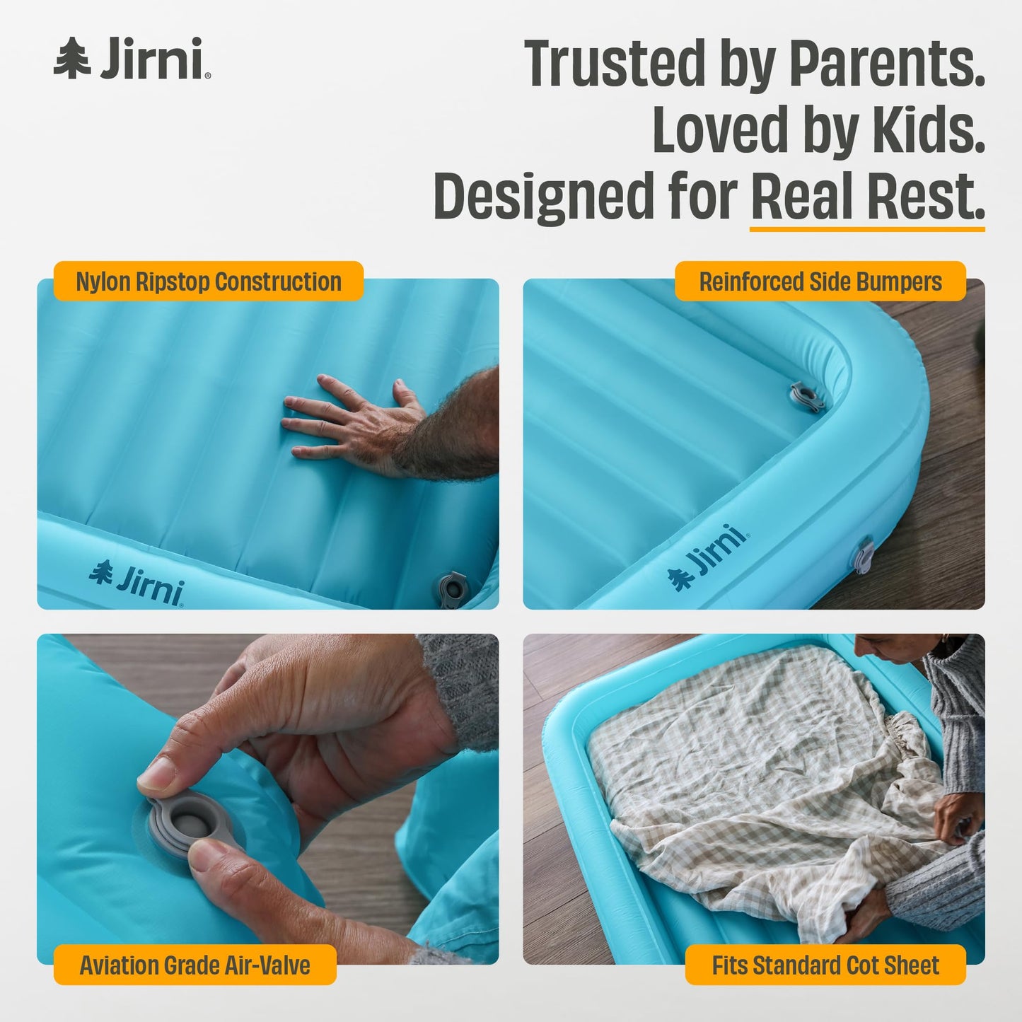 Jirni Kipper Toddler Travel Bed | New Pump System | Ultra-Lightweight & Super Durable Toddler Air Mattress | Compact Kids Air Mattress | Eco-Friendly Inflatable Kids Bed | Travel Cot Airbed