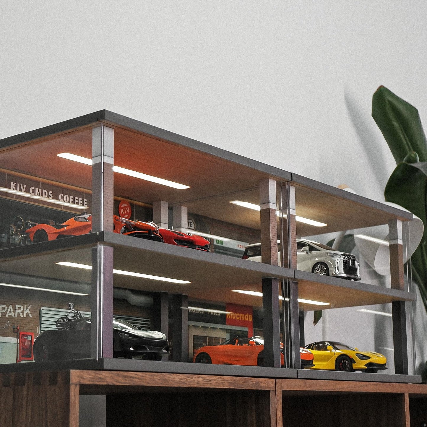 kivcmds 1:24 Scale Car Model Display Case with Parking Lot Scene for Car Model Toys and Lego, Display Stand for Alloy Car Model Toys with Light and Dust Cover (Coffee Bar Parking Lot)