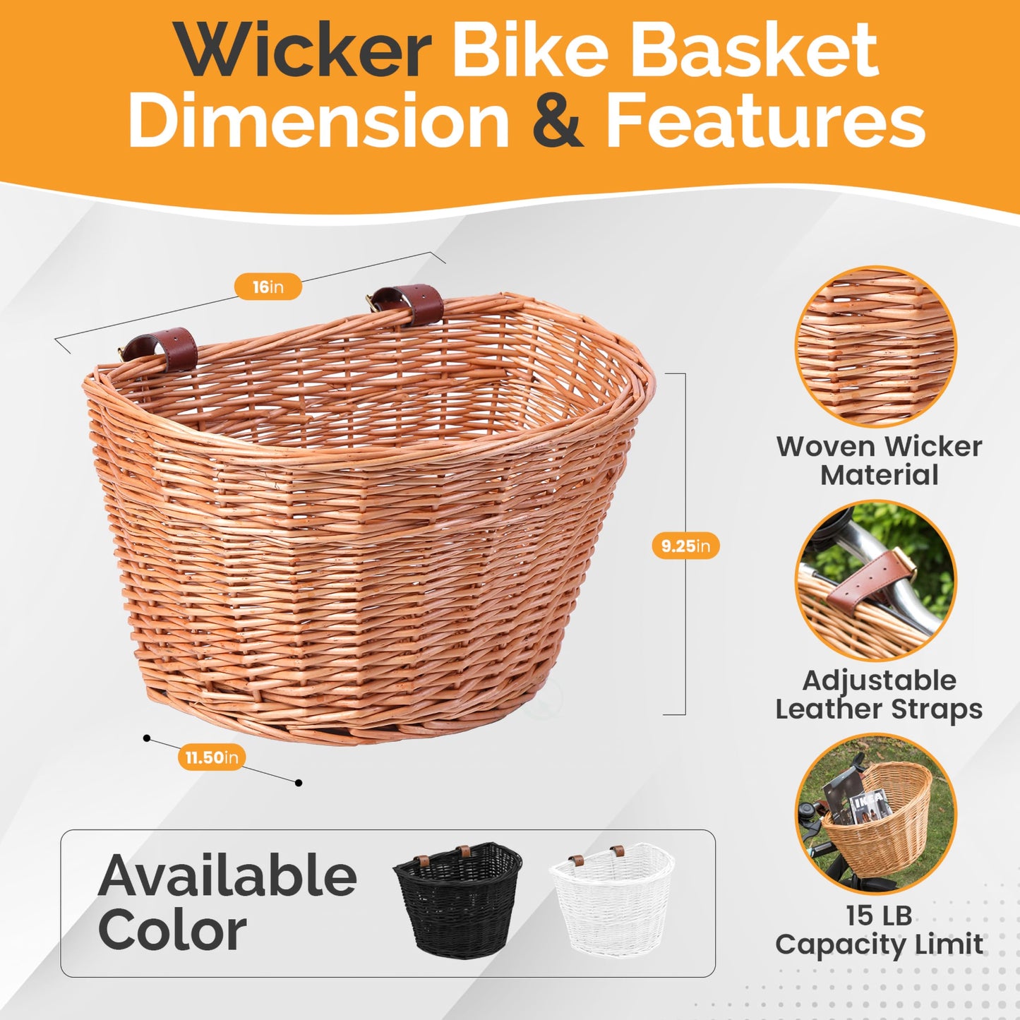 Wicker Front Bike Basket Cargo for Men and Women – Fits Most Bicycles, Beach Cruisers and Ebikes, Lightweight Bicycle Storage Basket with Adjustable Straps, Light Brown