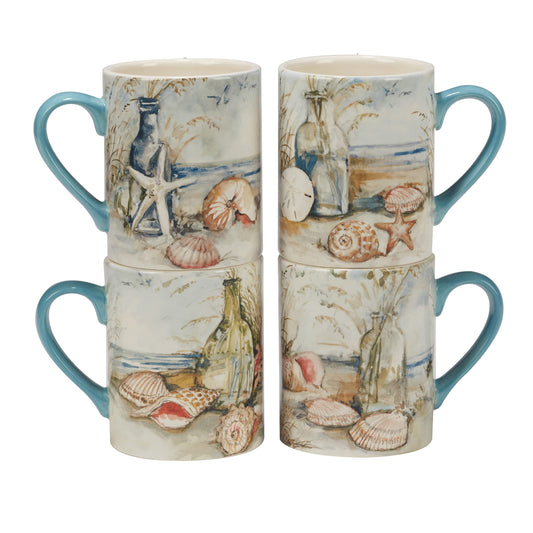 Coastal Landscape 16 oz. Ceramic Mugs – Set of 4 Assorted Beach Designs with Starfish, Shells & Ocean Bottles – Seaside Coffee Cups for Tea, Hot Cocoa, or Gifting – Blue Handle Accent