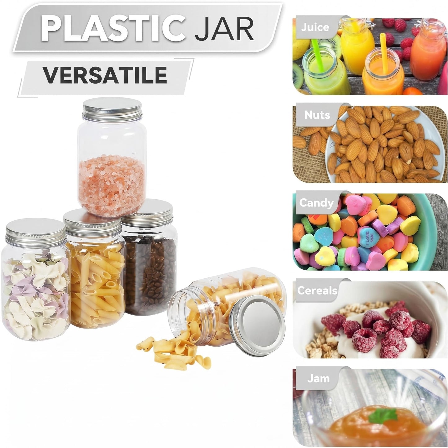 novelinks 16 oz Plastic Mason Jars with Lids, Refillable Clear Plastic Jars with Lids 16oz & Reusable Empty Storage Containers with Lids (Sliver,24 Pack)
