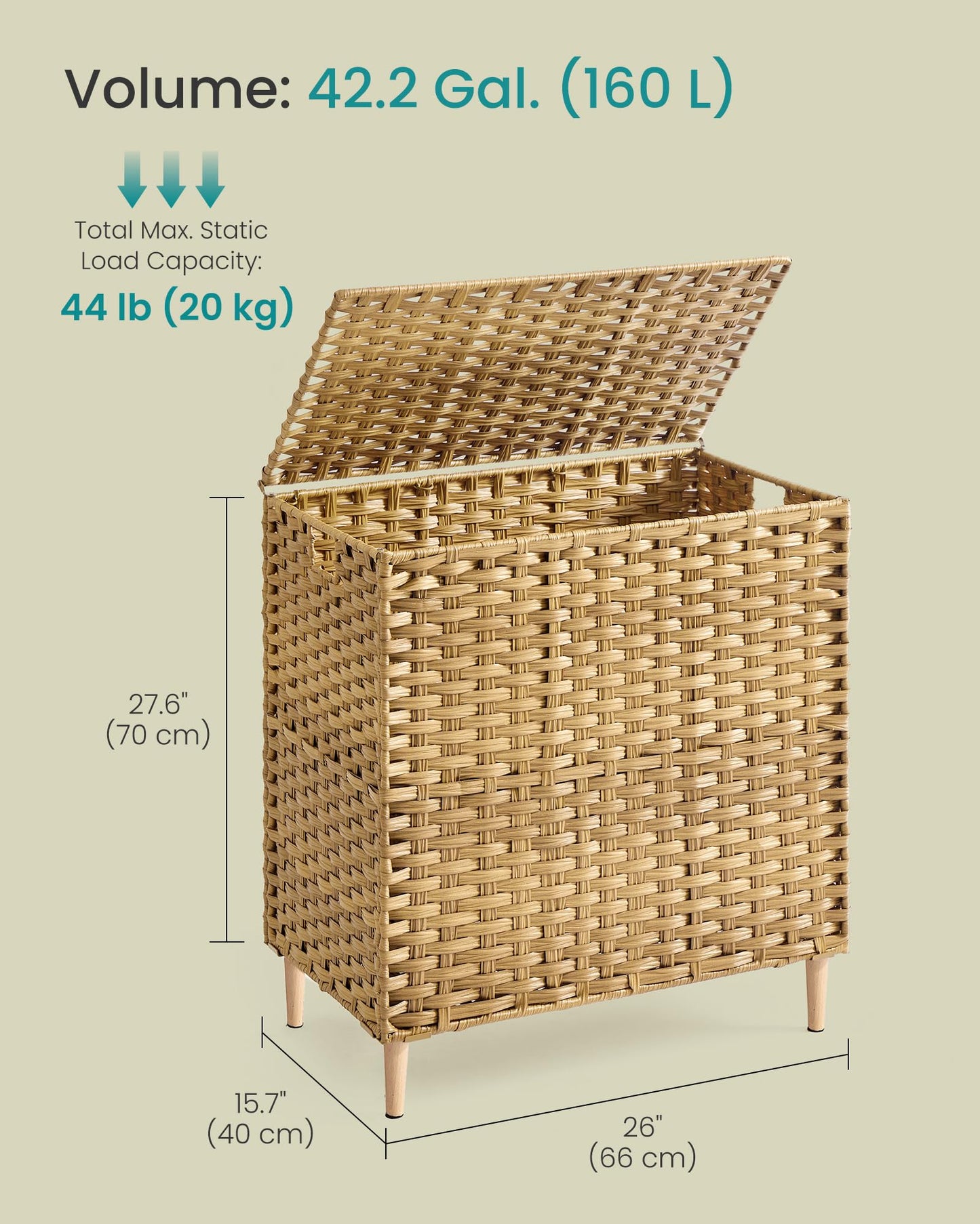 SONGMICS 3-Section Laundry Hamper with Lid, 42.2 Gal (160L) PE Rattan Laundry Basket with Removable Washable Liners, for Bedroom & Living Room, Goose Yellow ULCB223YE01
