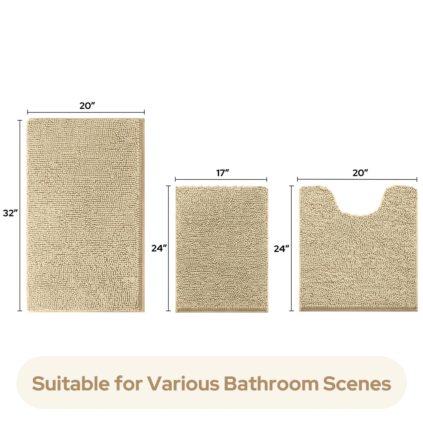 HOMEIDEAS 3 Pieces Bathroom Rugs, Ultra Soft Non Slip Absorbent Chenille Toilet Bath Mat Set (Beige)