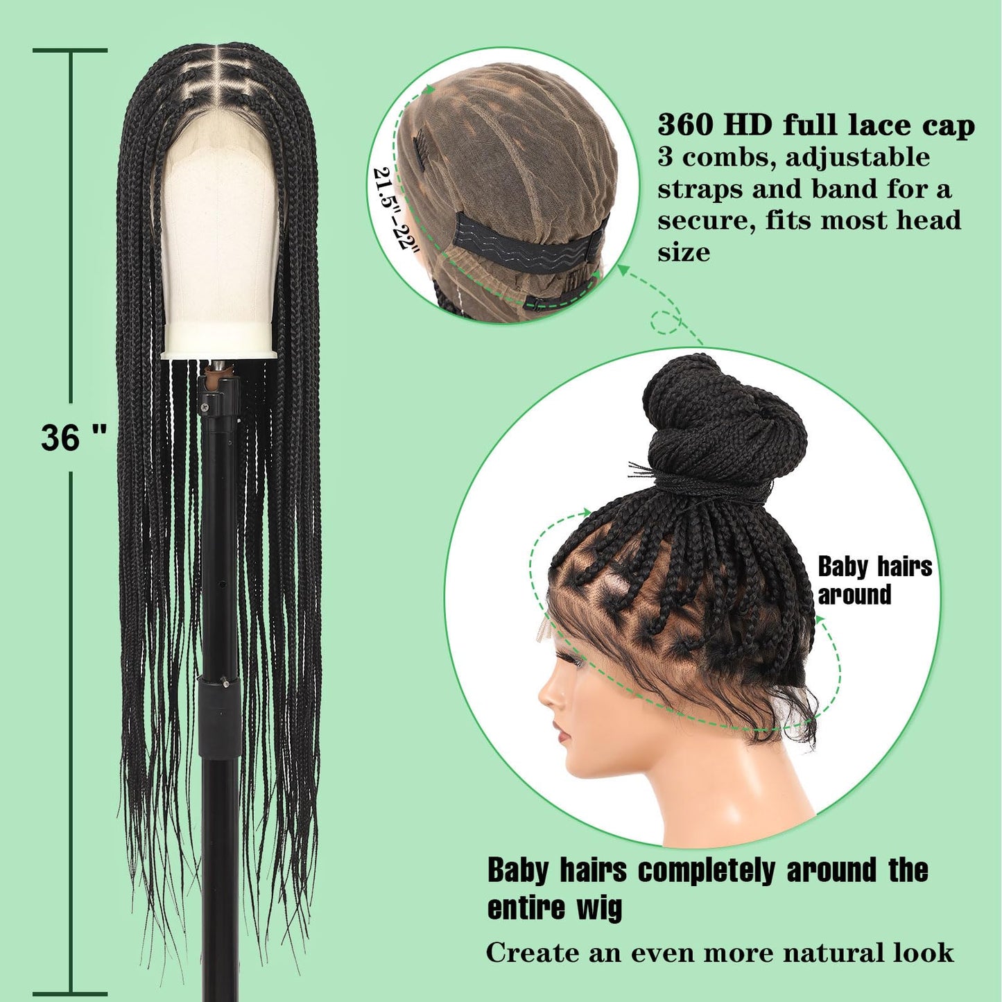 Youthfee 360° HD Full Lace Knotless Braided Wigs for Women Box Braided Wig with Baby Hair Human Hair Blended Natural Looking Braided Lace Front Wigs Black 36 Inch