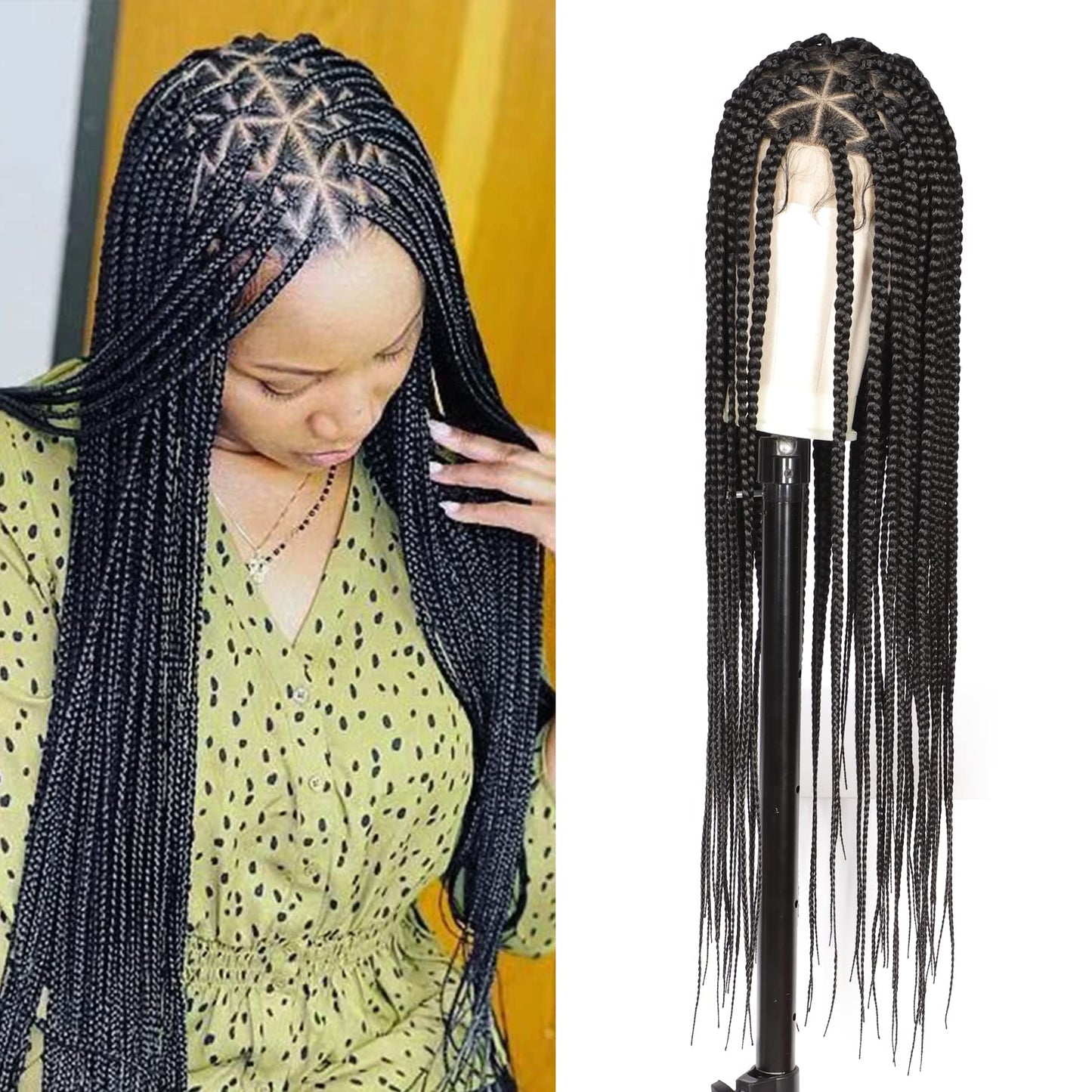 Lexqui 36'' Knotless Box Braided Wigs for Women Braided Lace Wigs Triangle Lace Front Braided Wig Human Hair Blended Full Double Lace Braided wig with Baby Hair Braid Lace Front Wig