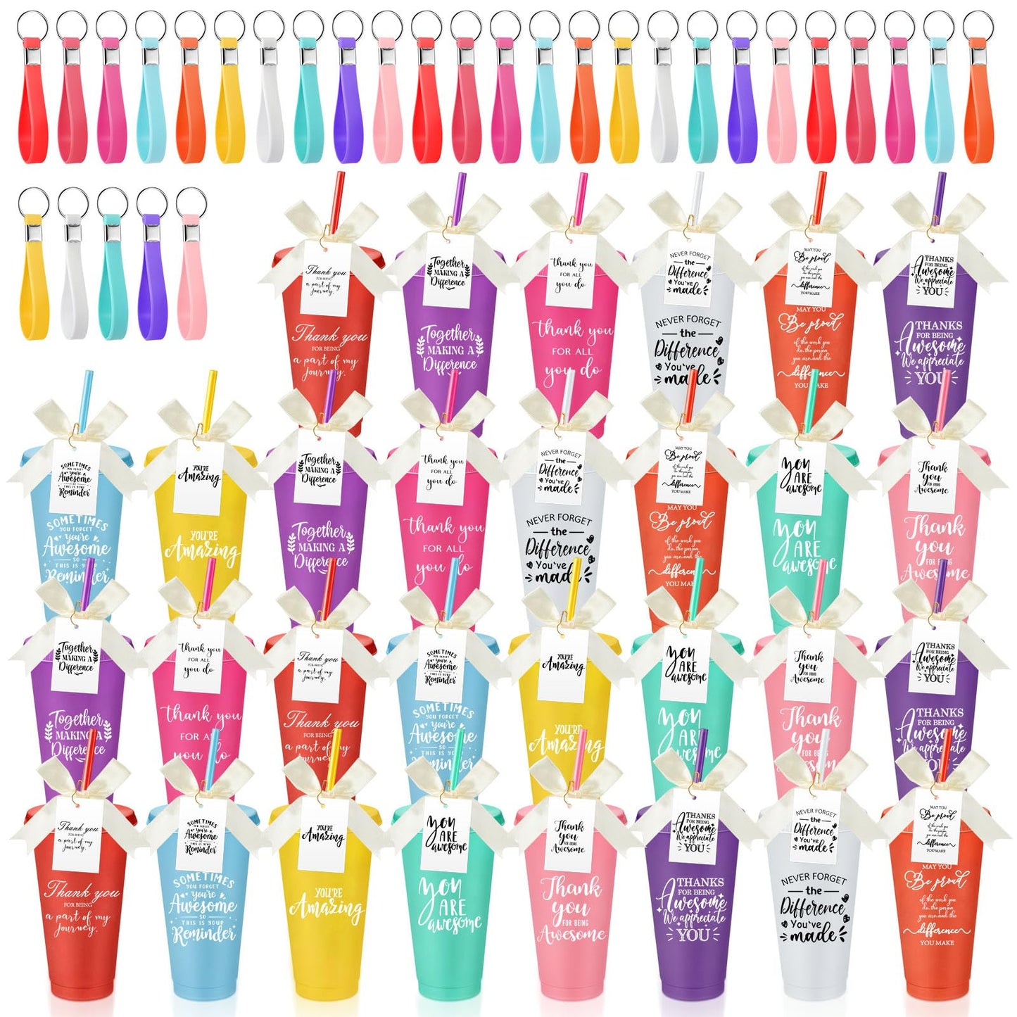 Tioncy 30 Sets Employee Appreciation Gifts Bulk 24 oz Plastic Tumbler with Lid and Straw Reusable Coffee Cups with Keychain Bowknot Card for Coworker Staff Nurses Social Worker Favors(Inspirational)