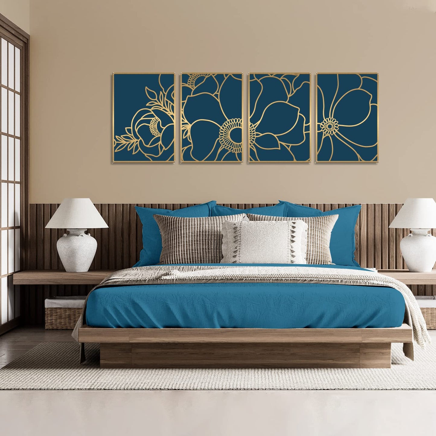 Glamativity 4 Pack Gold Wall Art, Flower Minimalist Single Line Art, Real Metal Nature Floral Abstract Wall Decor for Kitchen Bedroom Living Room