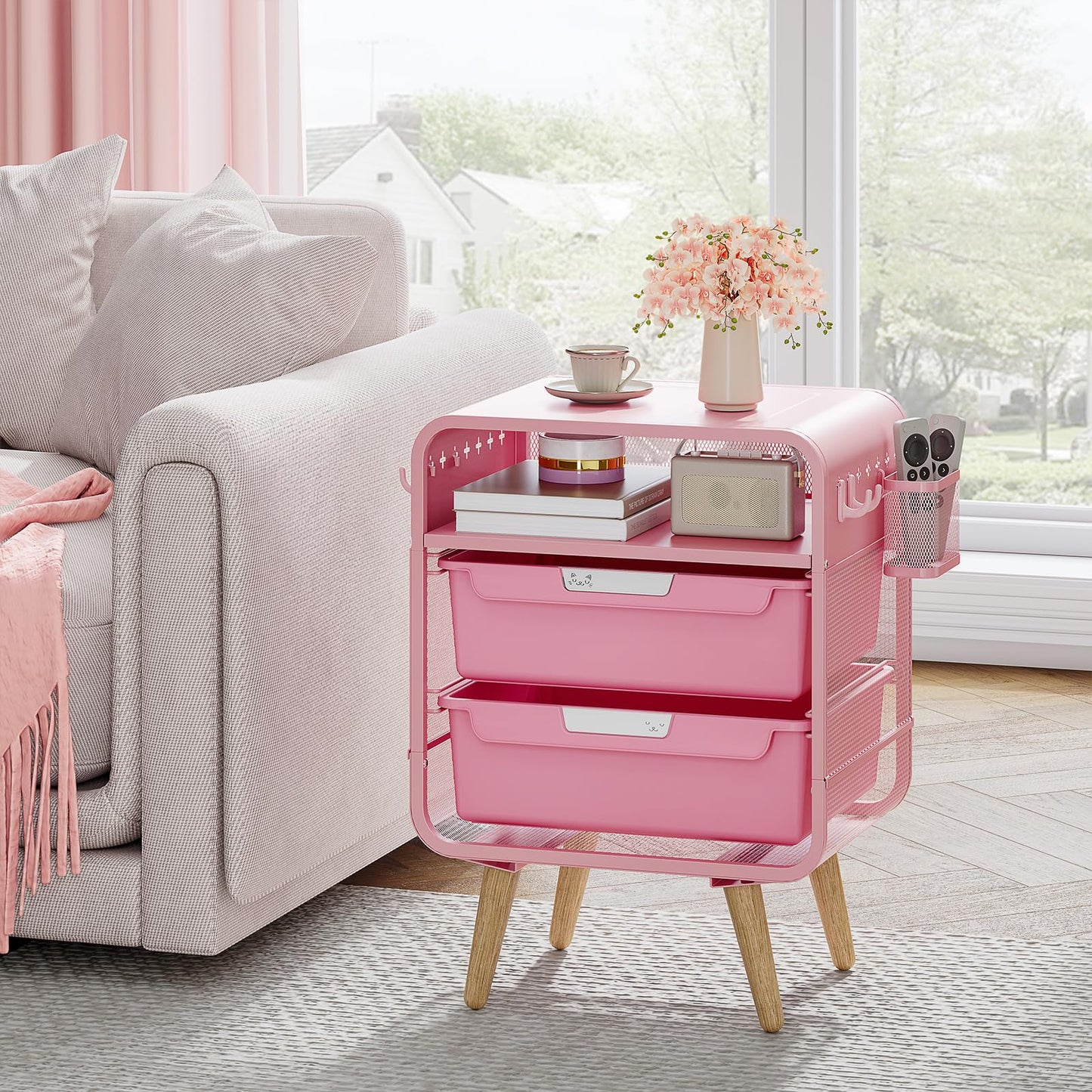 SYKIARIOL Pink Nightstand, Cute End Table with Storage Drawer, Kids Nightstand for Bedroom Furniture, Bedside Table Small Desk Coffee Table for Living Room, Dorm, Office