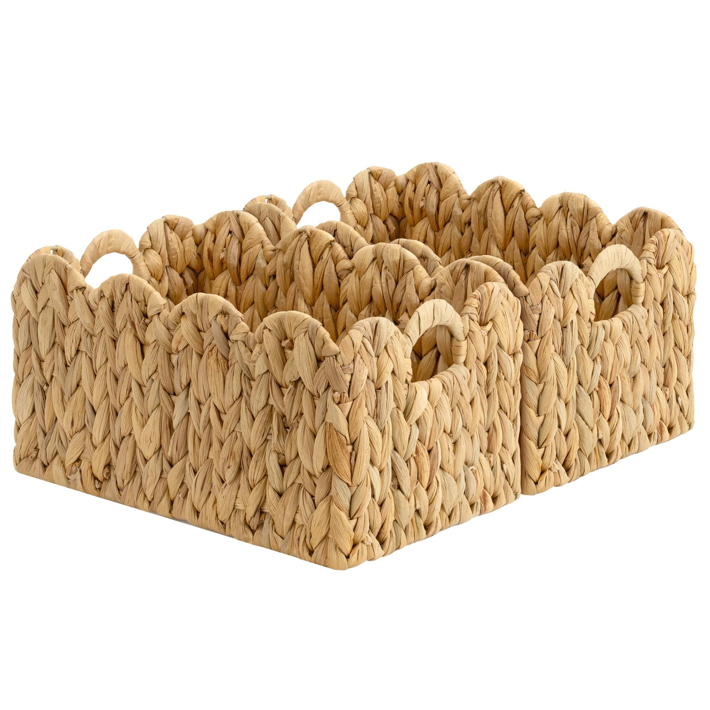 StorageWorks Scalloped Water Hyacinth Baskets, Hand-woven Rattan Baskets with Built-in Handles, Cute Baby Basket for Nursery, Basket for Organizing and Decor, 13"L x 8¼"W x 7"H