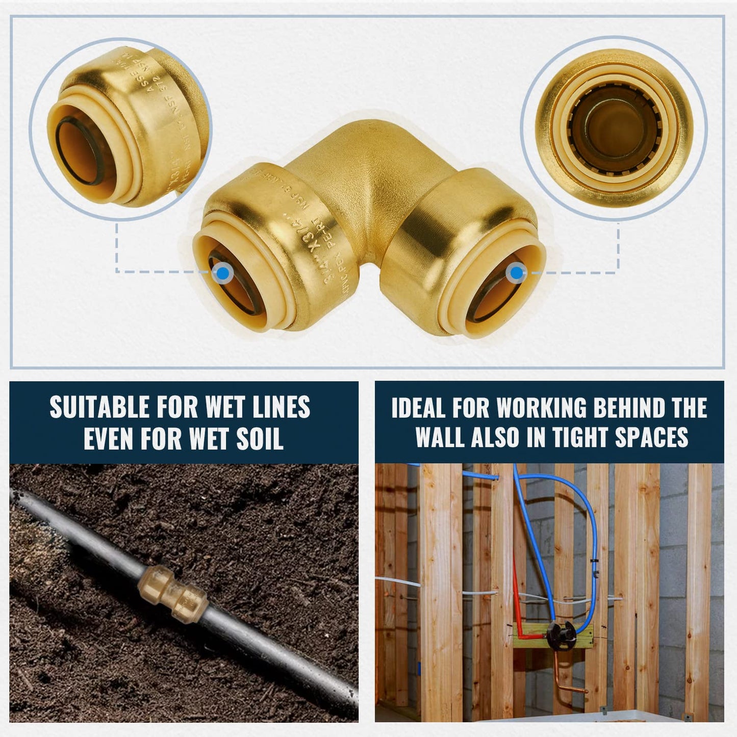 SUNGATOR Push Pex Fittings 3/4 Inch, 5 Each Coupling and Elbow, Tee (2 PCS), No Lead Brass Push-to-Connect Plumbing Fittings for Pex Pipe, Copper, CPVC, with 1 Disconnect Clip, Pack of 12