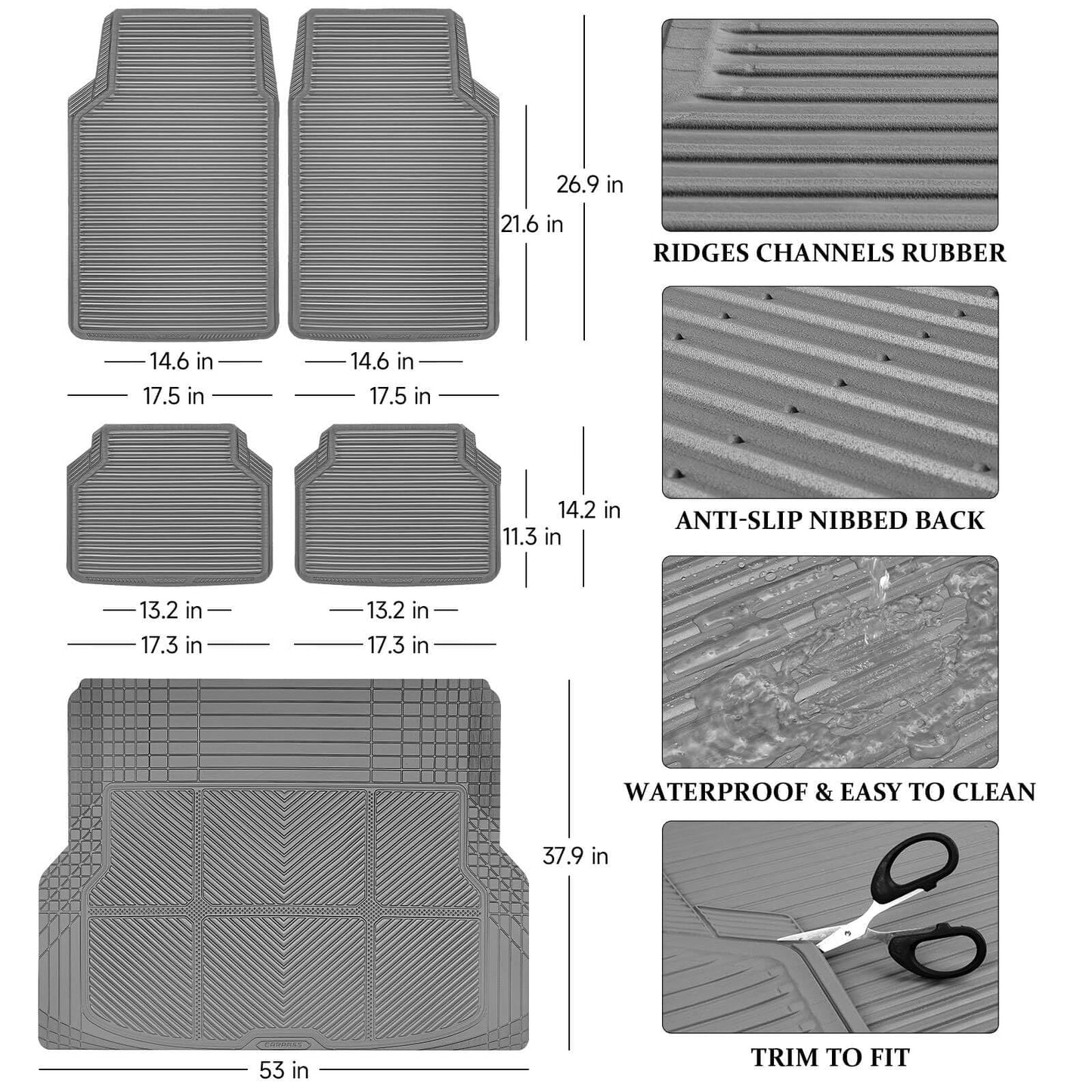 CAR PASS Gray Rubber Car Floor Mats & Cargo Liners, All Weather Car Mats & Trunk Mats,Waterproof Automotive Floor Mats Trim to Fit for Most Cars Sedans SUVs Vans, Durable Heavy Duty Anti-Slip, Gray