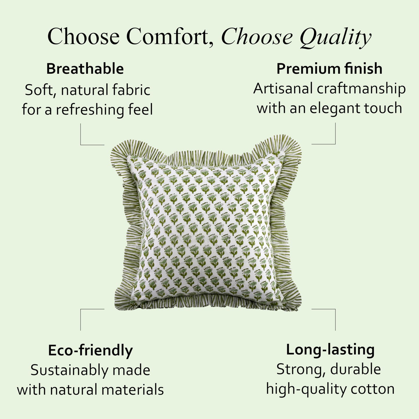 CPC Block Print Ruffle Throw Cover Emerald Green 20"x20" Inch Pack of 2-100% Cotton Ruffle Couch Decorative Boho Pillows Case for Living Room, Bedroom, Sofa, Farmhouse Gift for Spring, Mother's Day