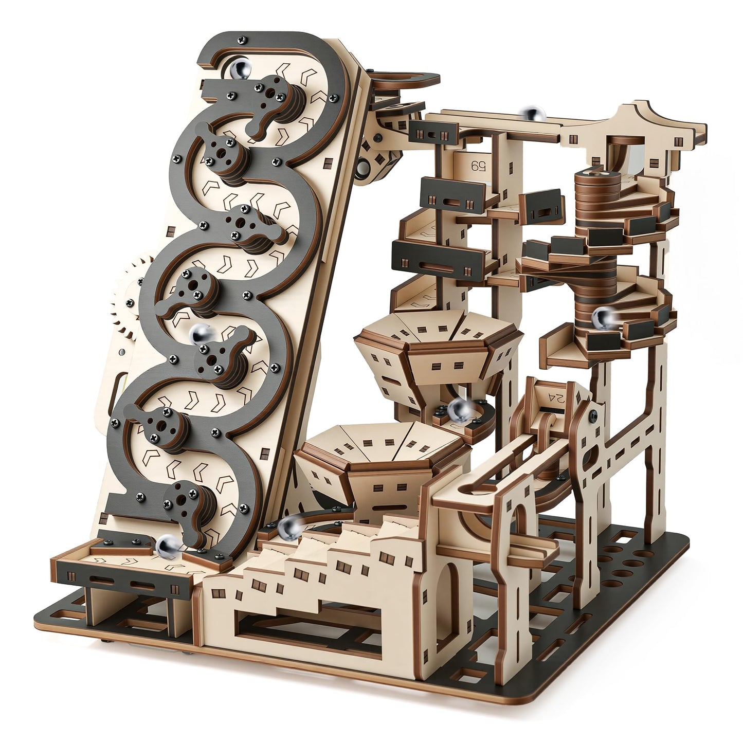 WDPINTU Electric 3D Wooden Kinetic Art - Automated Rolling Ball Maze Building Kit for Adults & Teens. DIY Mechanical Puzzle, STEM Project, Zen Home Office Decor & Brain Teaser Gift
