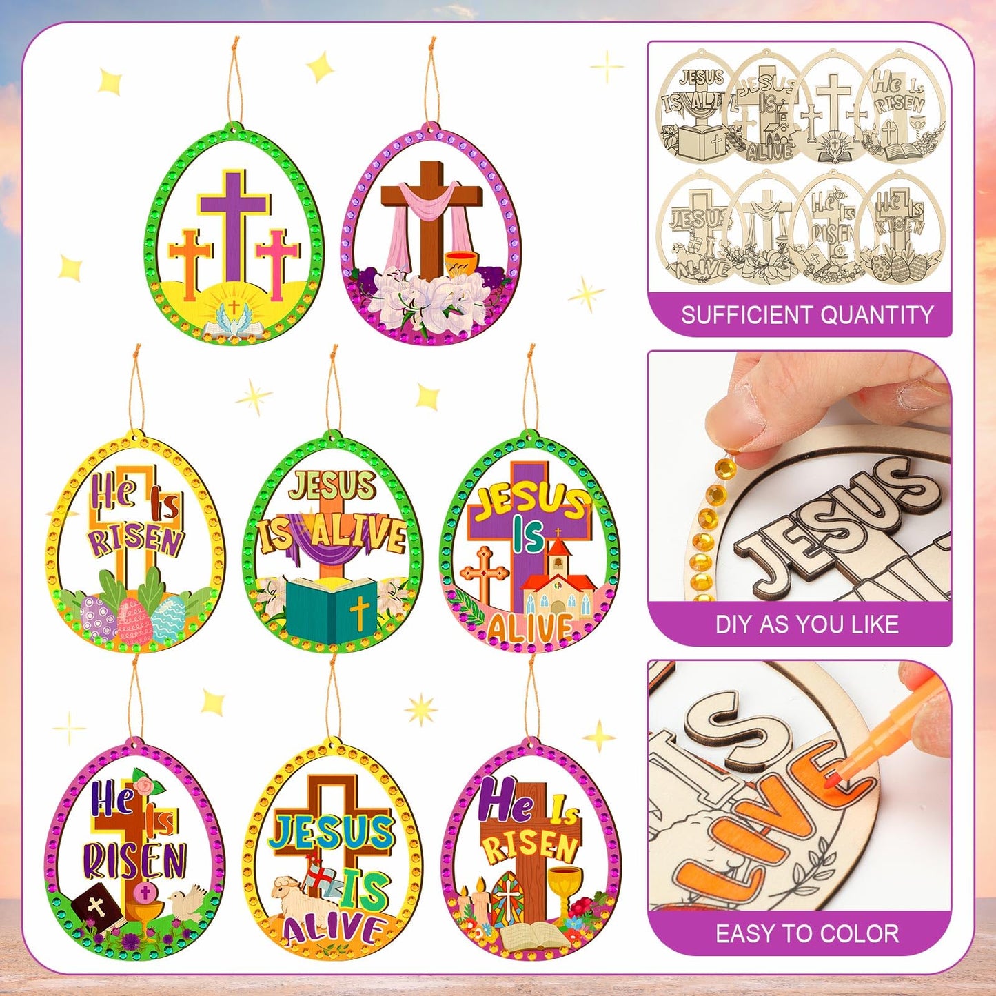 Wovnet 48 Pcs Wooden Craft Kit Make Your Own Ornaments Christian Religious Craft with Gem Sticker for Holiday Church Party Decoration Supplies (Mother's Day)