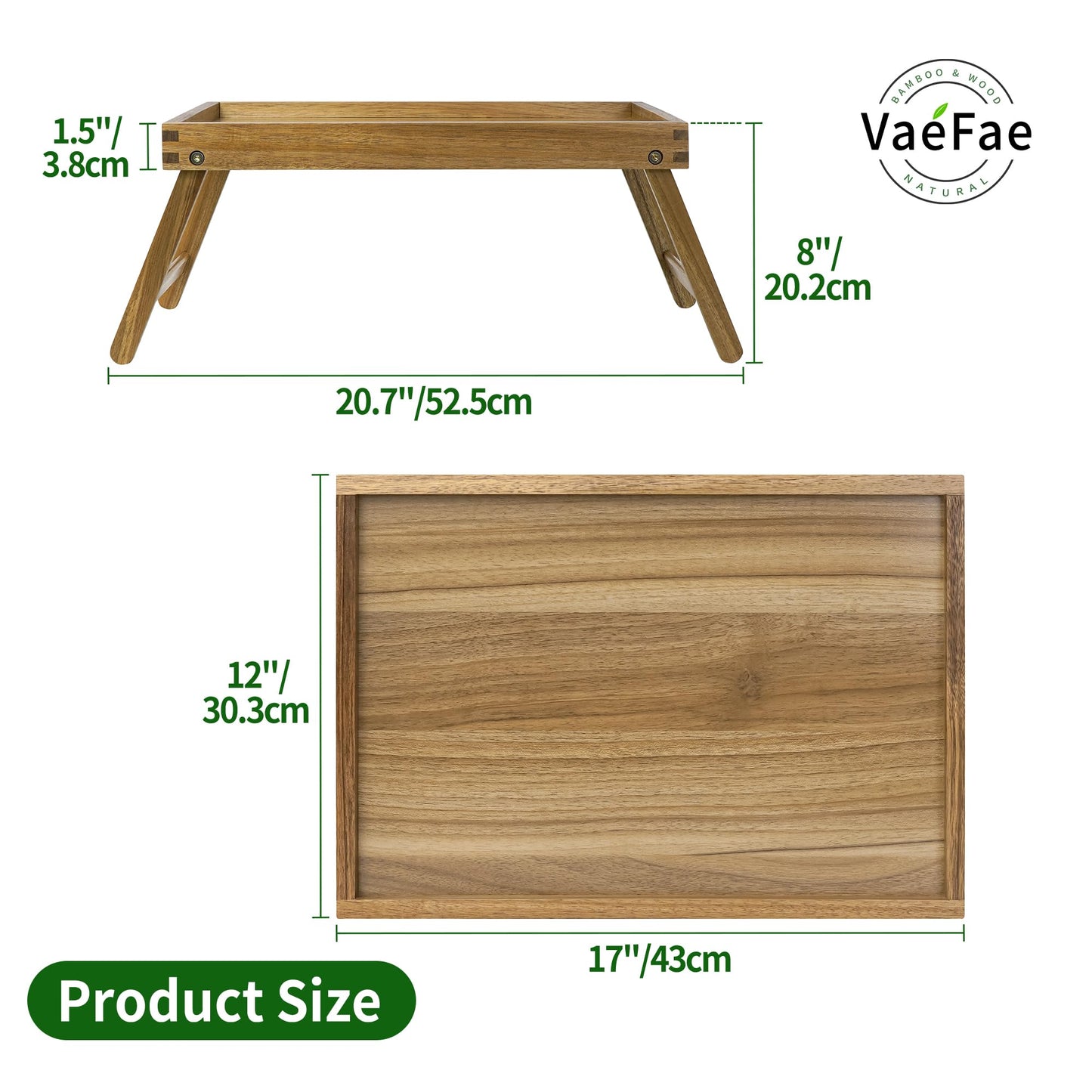 VaeFae Acacia Bed Table Tray, Wooden Breakfast Tray with Folding Legs, Bed Tray for Eating and Laptop, Eating Trays for Bedroom, (2 Pack)