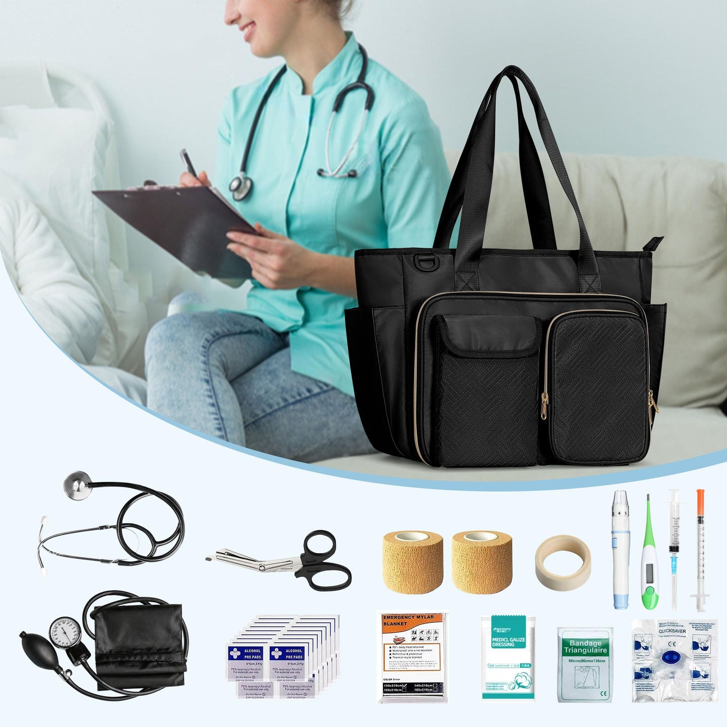 Fasrom Nurse Bag for Work with 15.6 Inches Laptop Sleeve, Medical Bag Tote to Hold Nursing Clinical Essentials for Home Health Nurses, Black(Patent Design, Empty Bag Only)