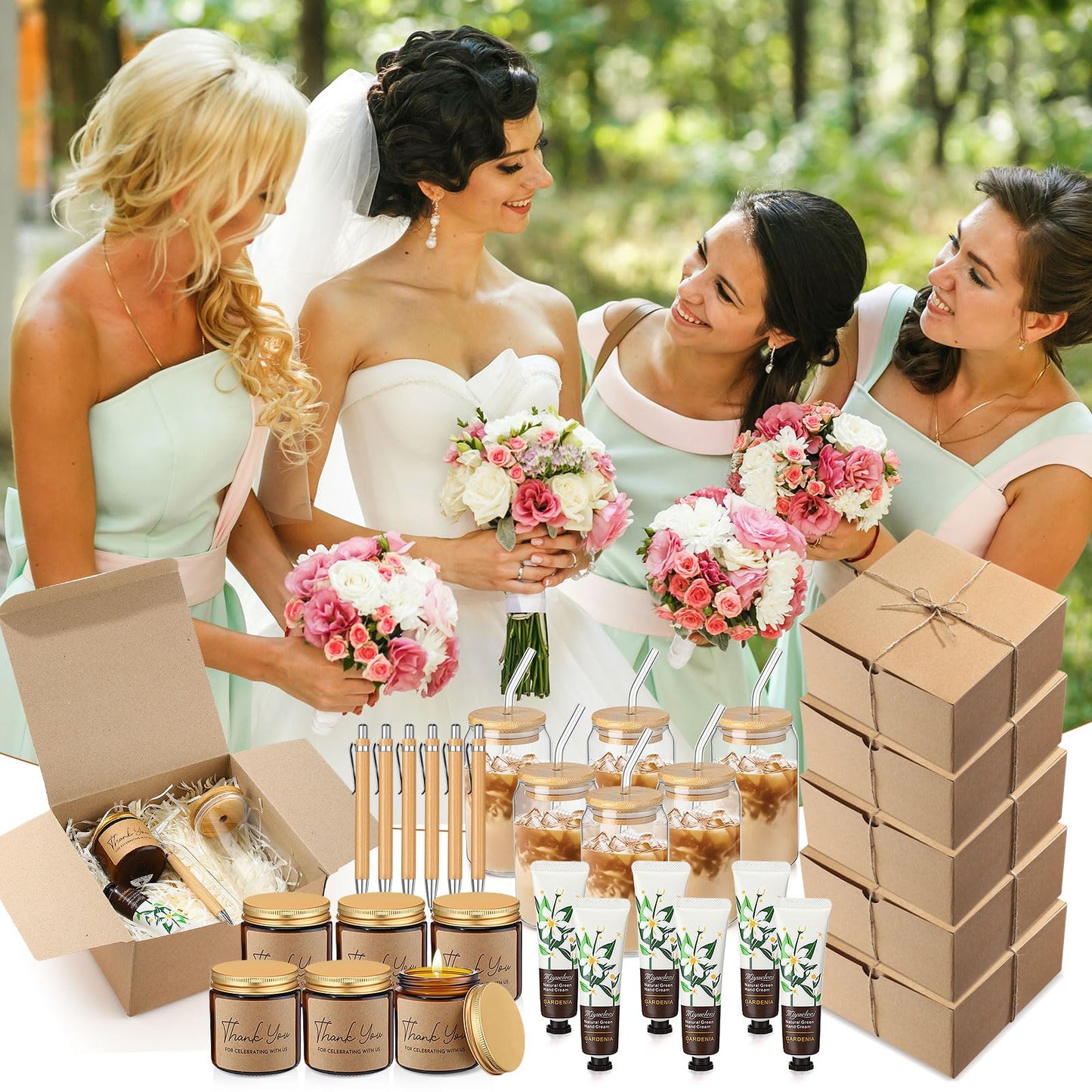Reallnaive 6 Sets Baby Shower Prizes for Game Winners, Baby Shower Favors Including Glass Cup Scented Candles Hand Cream Pens Gift Box with Raffia for Gender Reveal Wedding Bridal Party Prizes(Khaki)