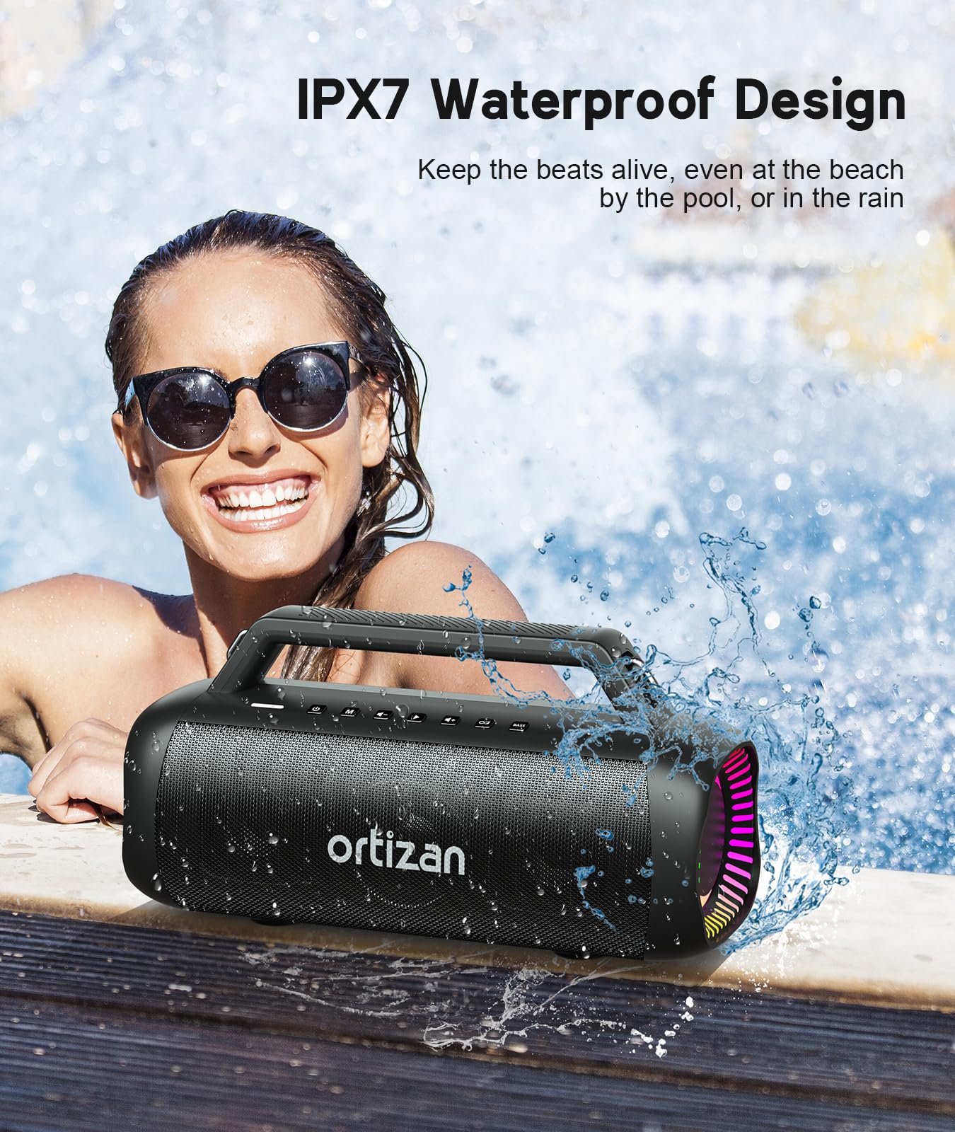 Ortizan Portable Bluetooth Speaker Loud, 80W Peak, Bass Up, 24H Playtime, IPX7 Waterproof, RGB Lights, Wireless Stereo Pairing, BT5.3, USB-C, Subwoofer Outdoor Speaker for Camping, Beach, Backyard
