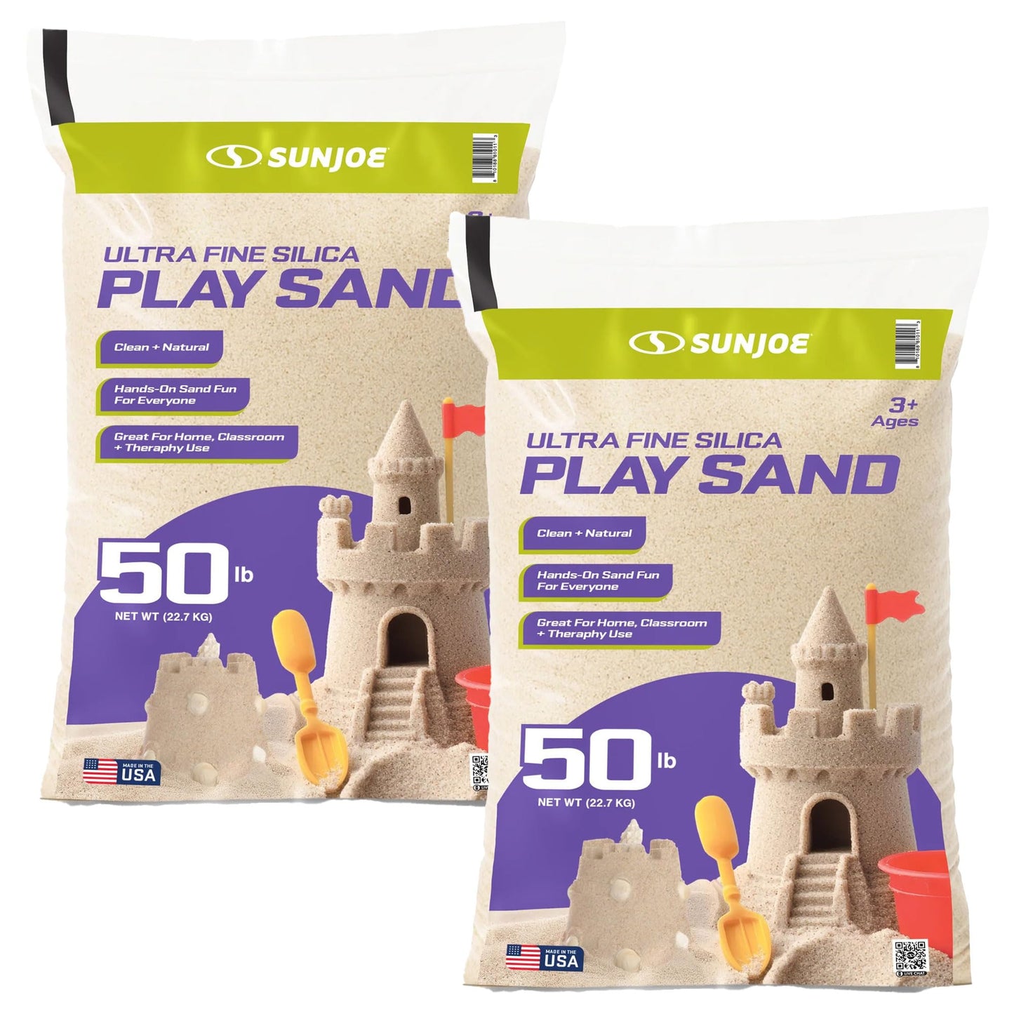 Sun Joe 2 Pack Silica Play Sand for Sandbox, Sensory Table & Garden Spaces, Ultra Fine, 50 Lbs - Natural Craft Accessory for Molding, Digging & Sculpting - Ideal for Indoor and Outdoor Use