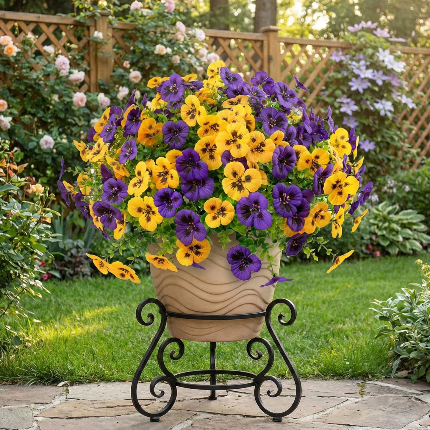 Rowfad 36 Pcs Artificial Fake Pansy Flowers for Outdoor, Faux UV Resistant Silk Pansies Flowers for Outside Planter Front Door Porch Yard Patio Window Box Home Decor (36, Yellow,Purple)
