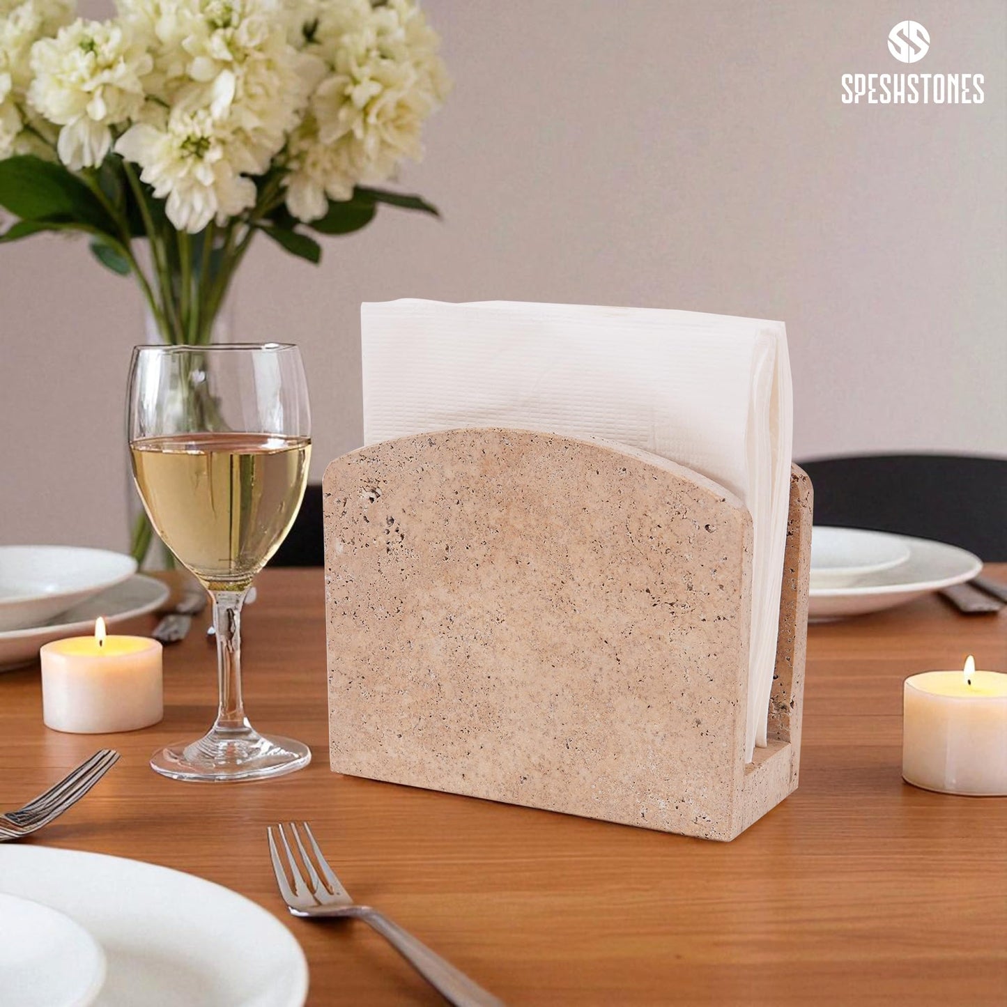 SPESHSTONES Marble Napkin Holder 6.5 Inch Handmade Travertine Napkin Holder for Table - Stone Paper Napkins Organizer for Kitchen Countertop & Bathroom Decor