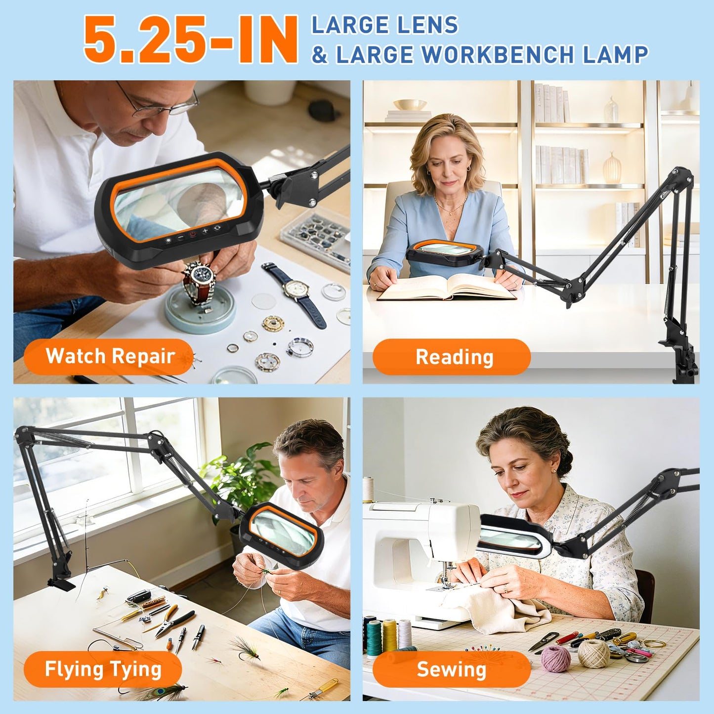 HITTI 12X Square Magnifying Glass with Light and Clamp, Hands-Free Lighted Stand with Ultra Long 3-Section Arm | 5 Color Modes & Stepless Dimming LED Desk Lamp for Workbench, Crafting, Reading -Yellow
