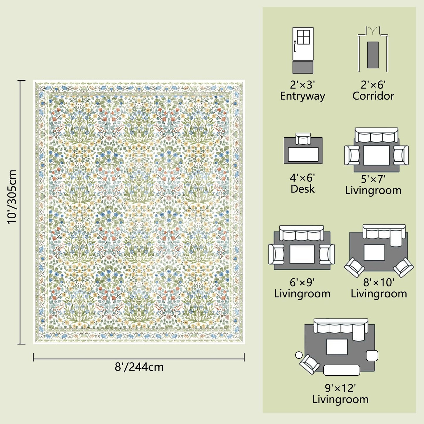 Washable 8x10 Area Rug - Light Green Oriental Design for Living Room, Bedroom, Dining Room & Under Kitchen Table - Stain Resistant, Non-Slip Large Rug
