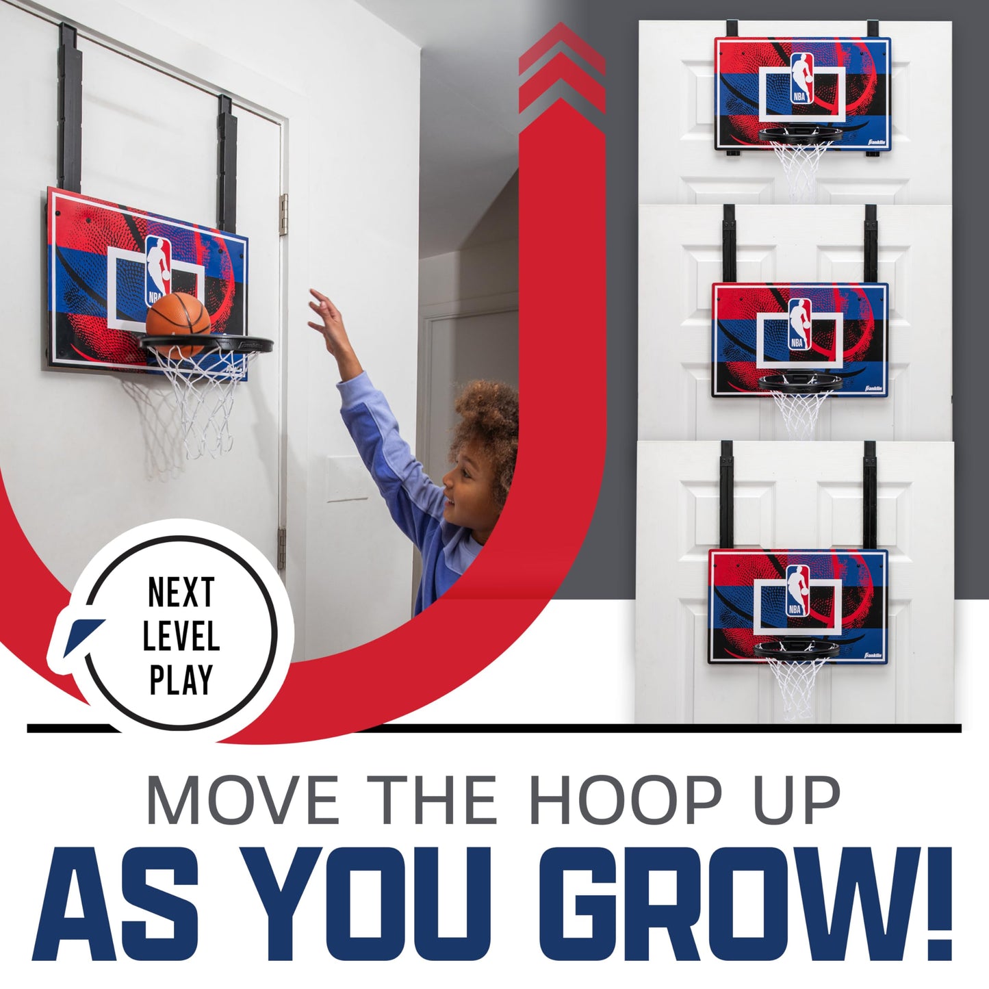 Franklin Sports NBA Grow-with-Me Kids Mini Basketball Hoop Set - Over the Door Indoor Hoop for Kids - Includes (1) Adjustable Height Basket, (1) Mini Youth Basketball + Air Pump - Ages 3+