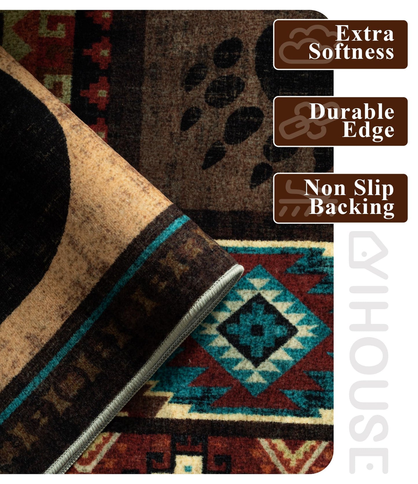 Rustic Cabin Runner Rug 2x8 Indoor Door Mat - Bear Non-Slip Entryway Runner Rug, Low Pile Tribal Print for Kitchen, Bedroom