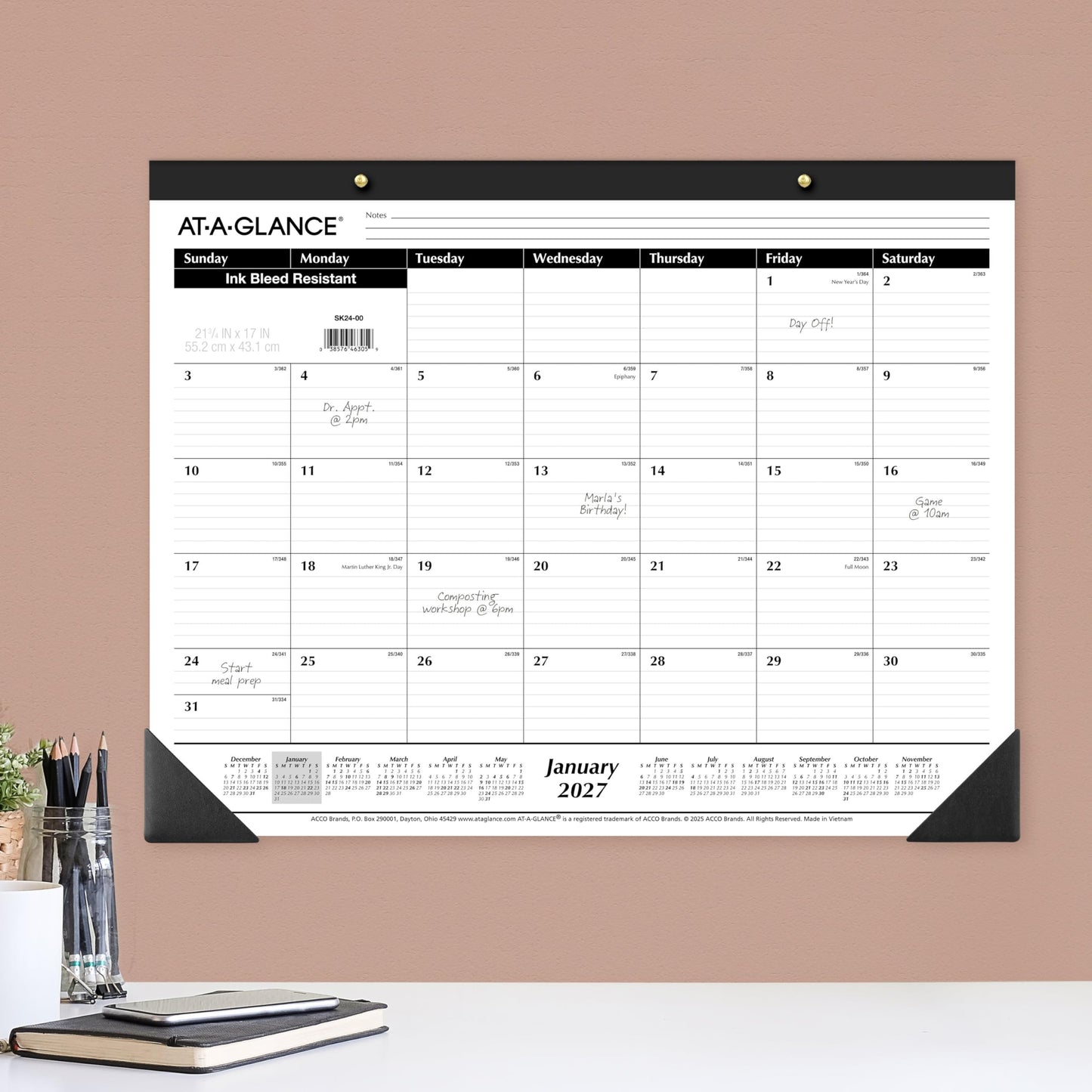 AT-A-GLANCE 2027 Desk Pad Calendar, Monthly Desk Wall Planner, 21.75" x 17", Ruled Blocks, 3 Pack (AZSK240027)